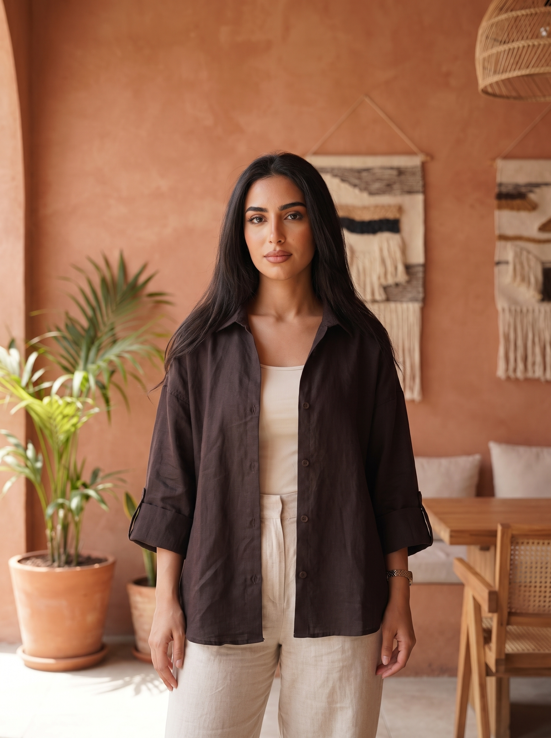 Women's Relaxed Fit Linen Blend Button-Down Shirt – Casual Long Sleeve Top