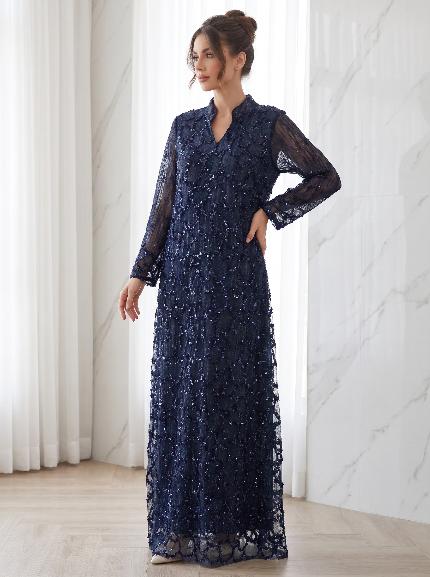 Luxury Sequin Embellished Maxi Kaftan Dress for Women – Elegant Modest Evening Gown
