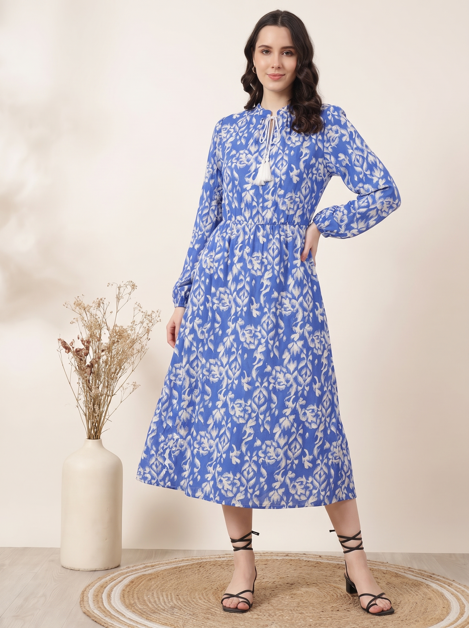 Women's Floral Print Midi Dress – Long Sleeve Tie Neck Casual Dress