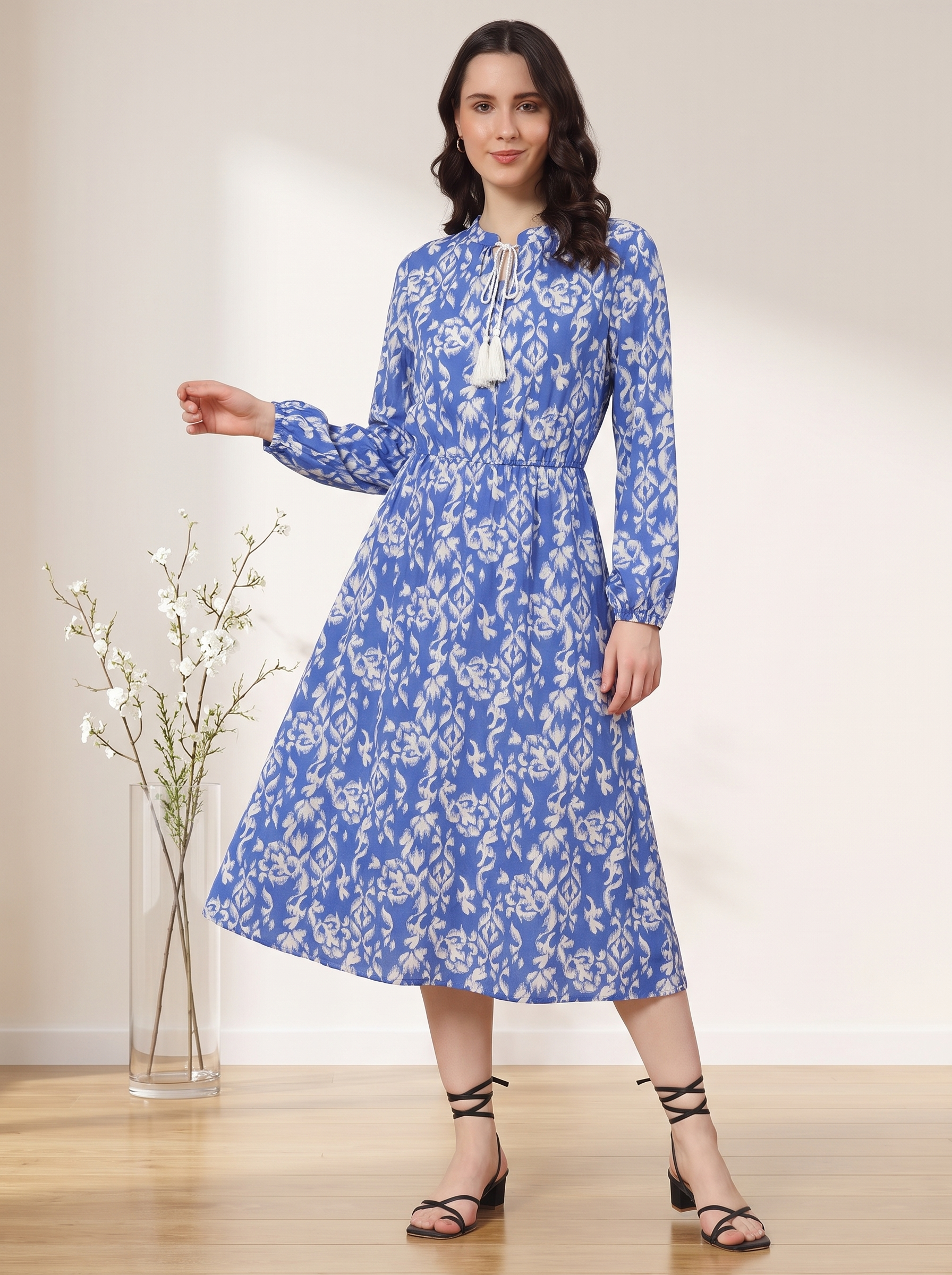 Women's Floral Print Midi Dress – Long Sleeve Tie Neck Casual Dress