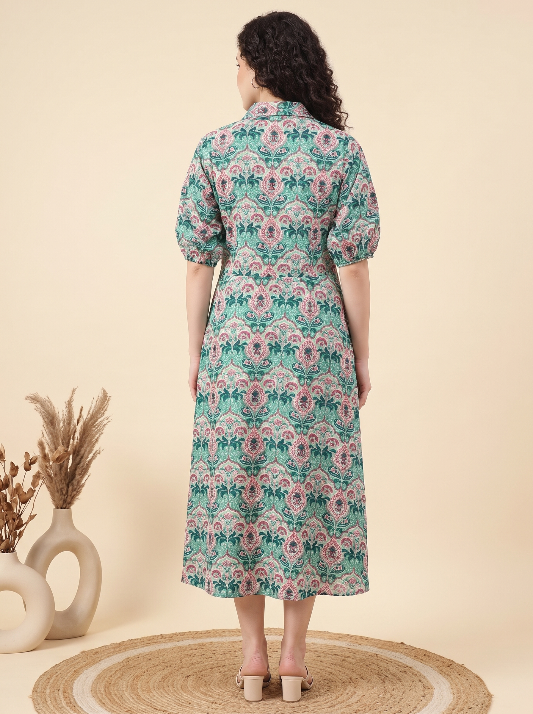 Boho Floral Print Midi Shirt Dress | Green & Pink Vintage Collared Button-Down Long Dress with Puff Sleeves