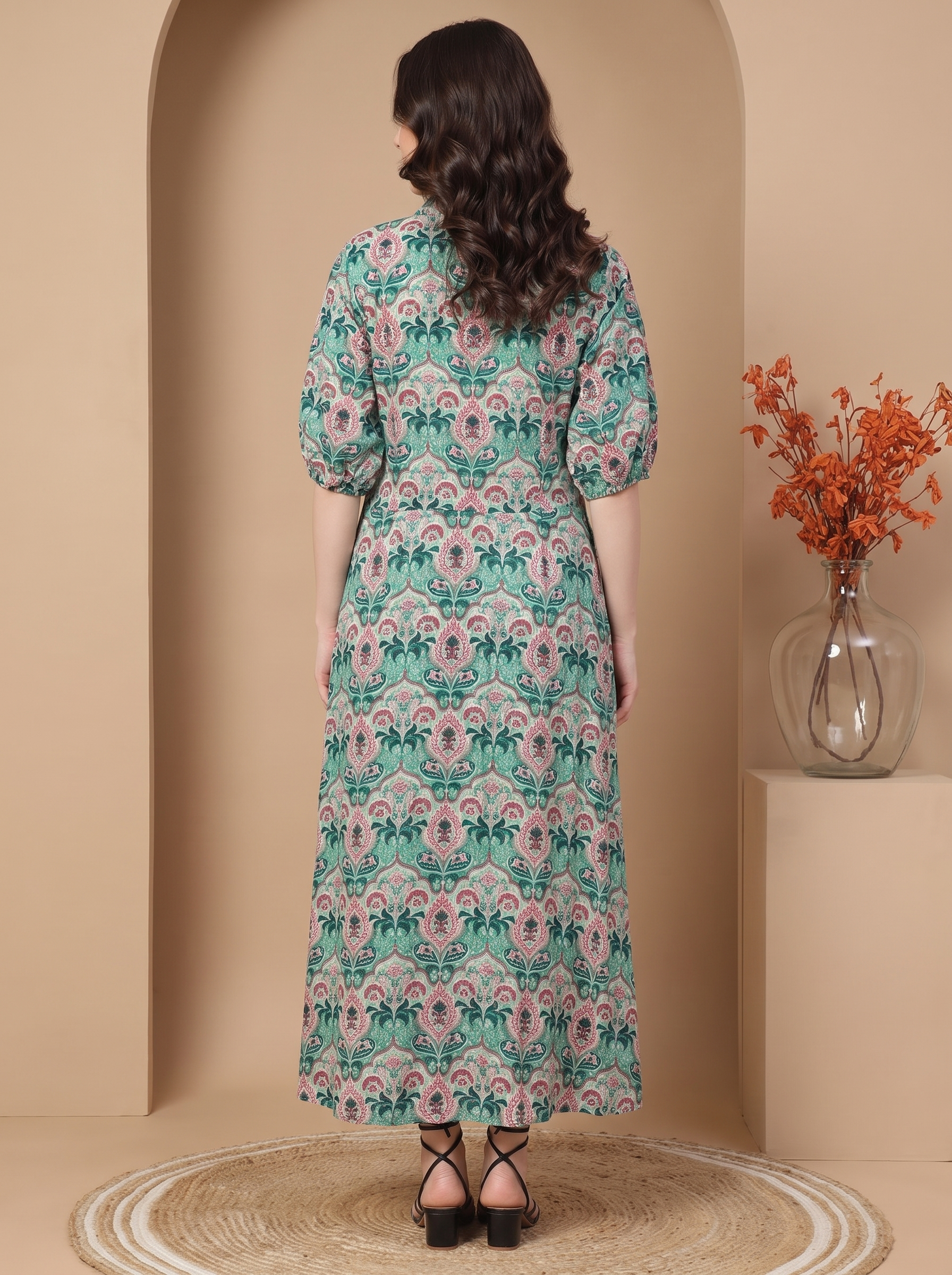 Boho Floral Print Midi Shirt Dress | Green & Pink Vintage Collared Button-Down Long Dress with Puff Sleeves