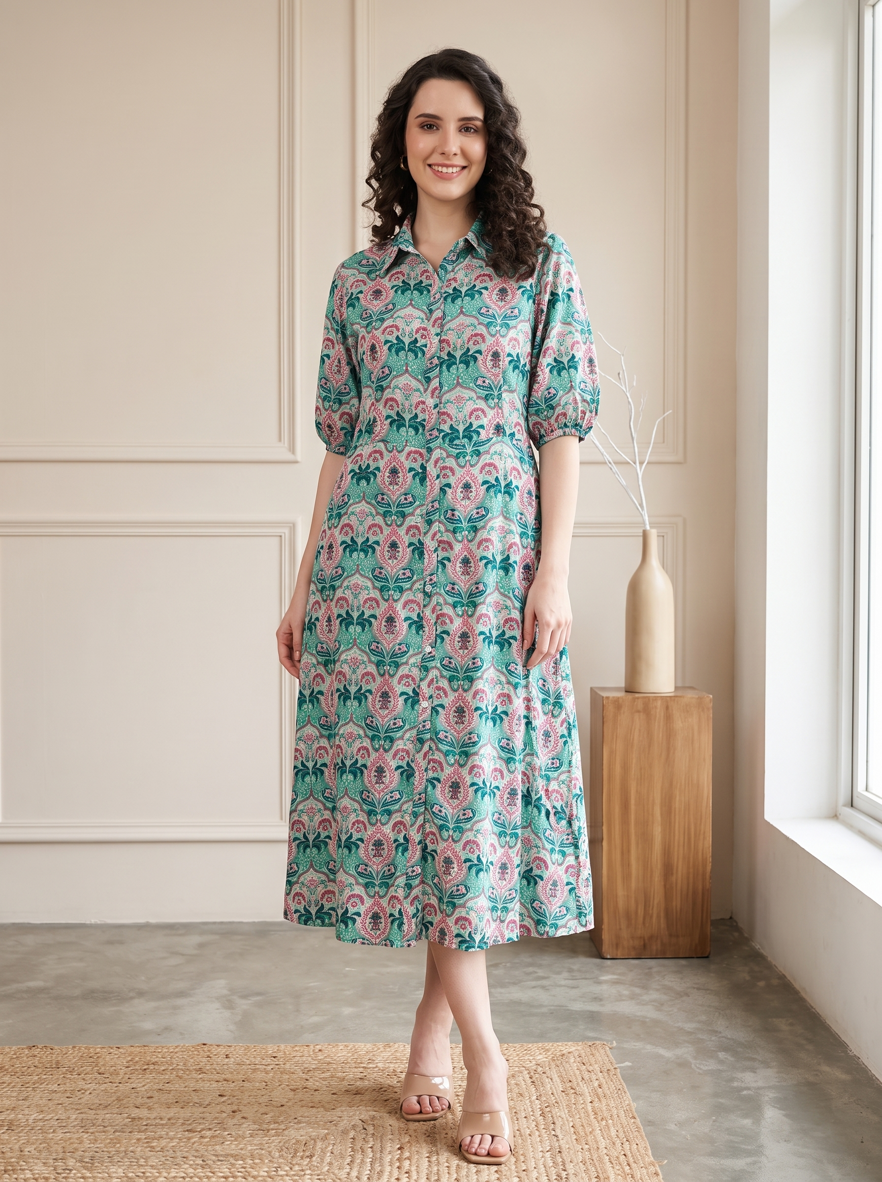 Boho Floral Print Midi Shirt Dress | Green & Pink Vintage Collared Button-Down Long Dress with Puff Sleeves
