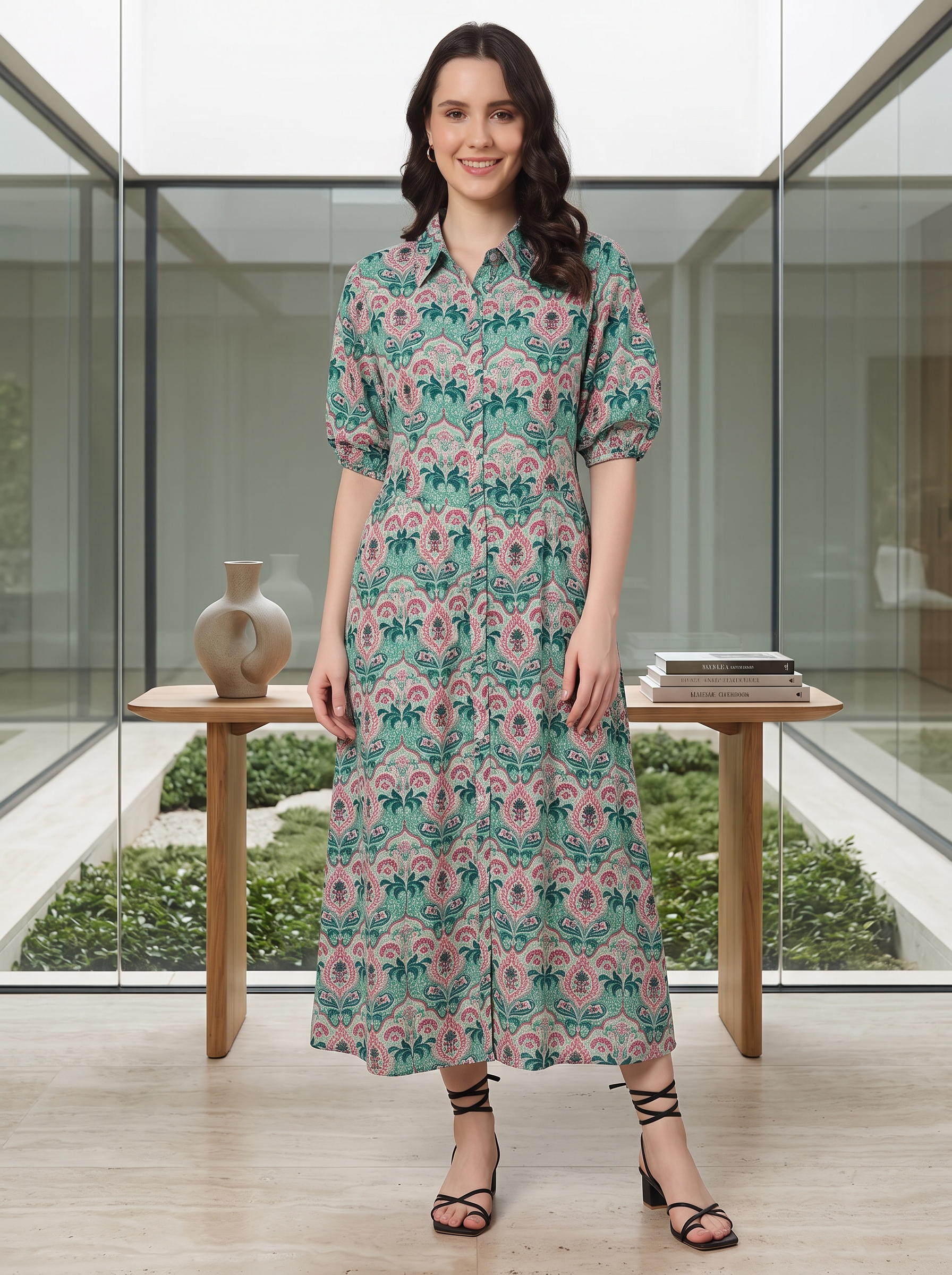 Boho Floral Print Midi Shirt Dress | Green & Pink Vintage Collared Button-Down Long Dress with Puff Sleeves