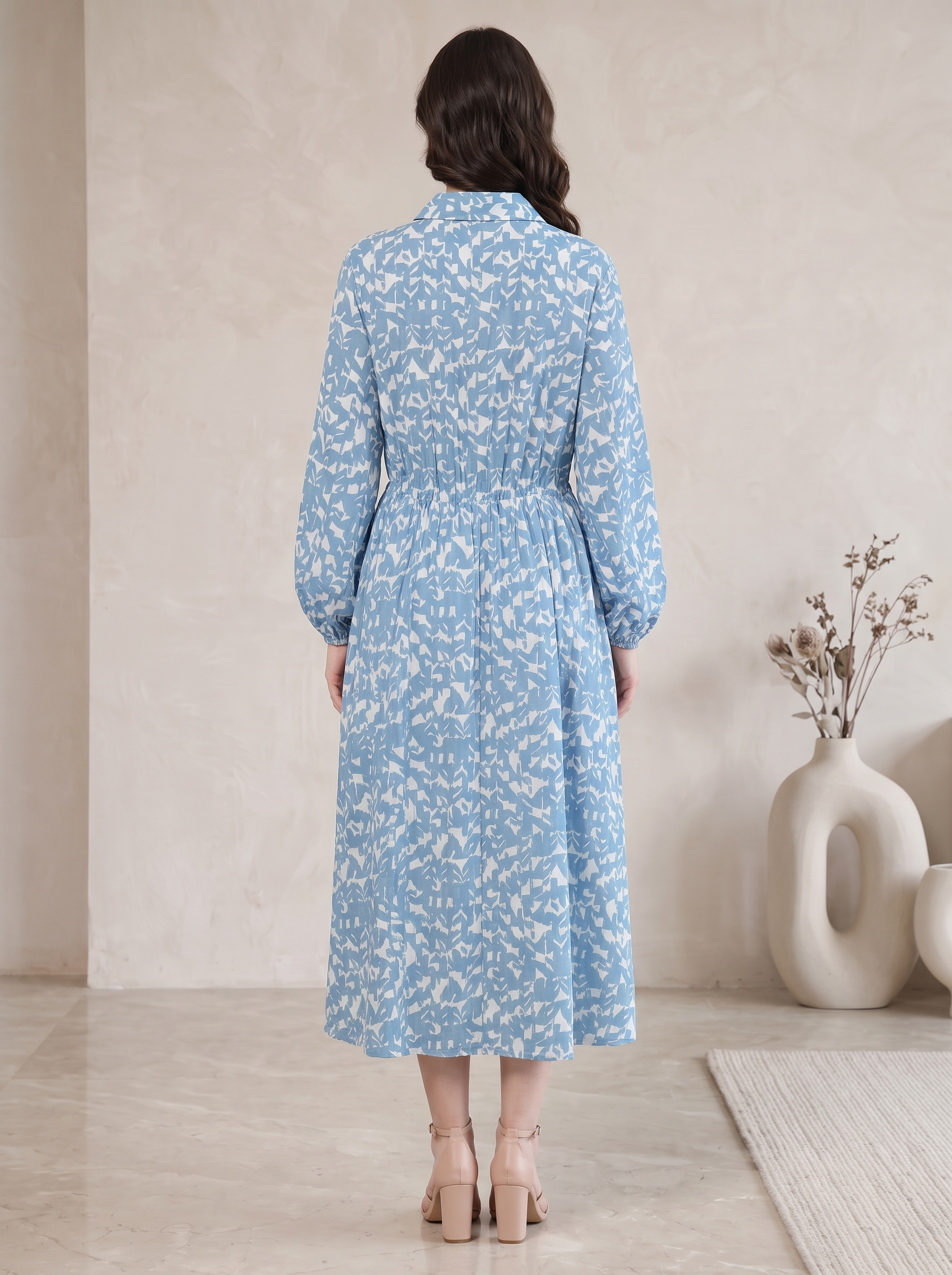 Women's Printed Midi Shirt Dress – Long Sleeve Collared Button-Down Ca – FineLook
