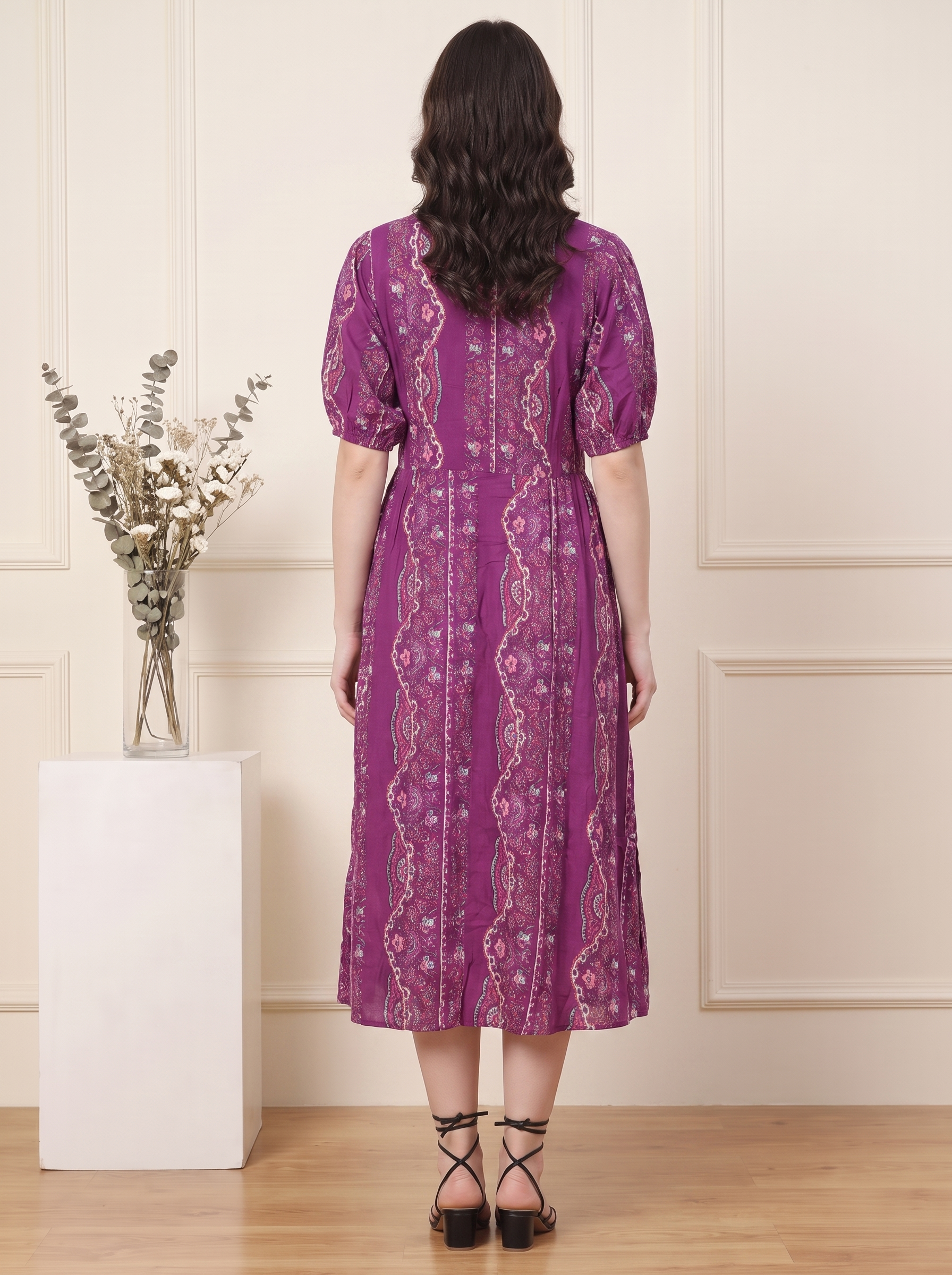 Women's Printed Midi Shirt Dress with Puff Sleeves