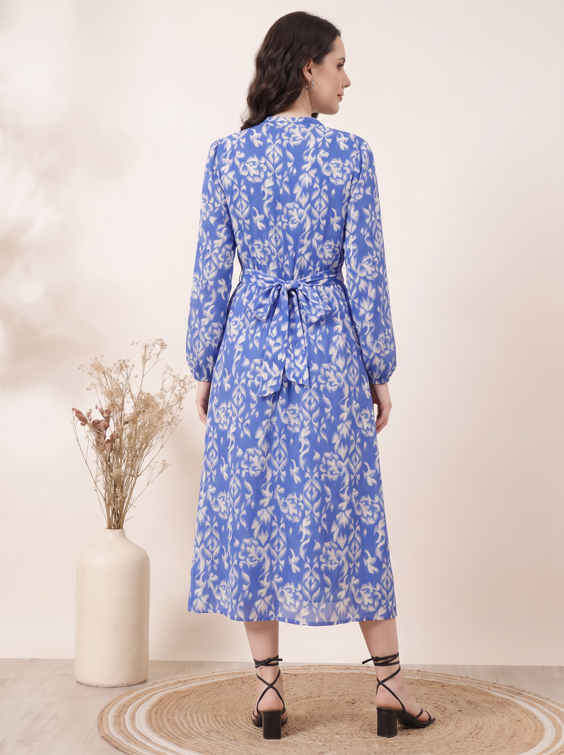 Women's Floral Print Midi Dress – Long Sleeve Tie Neck Casual Dress