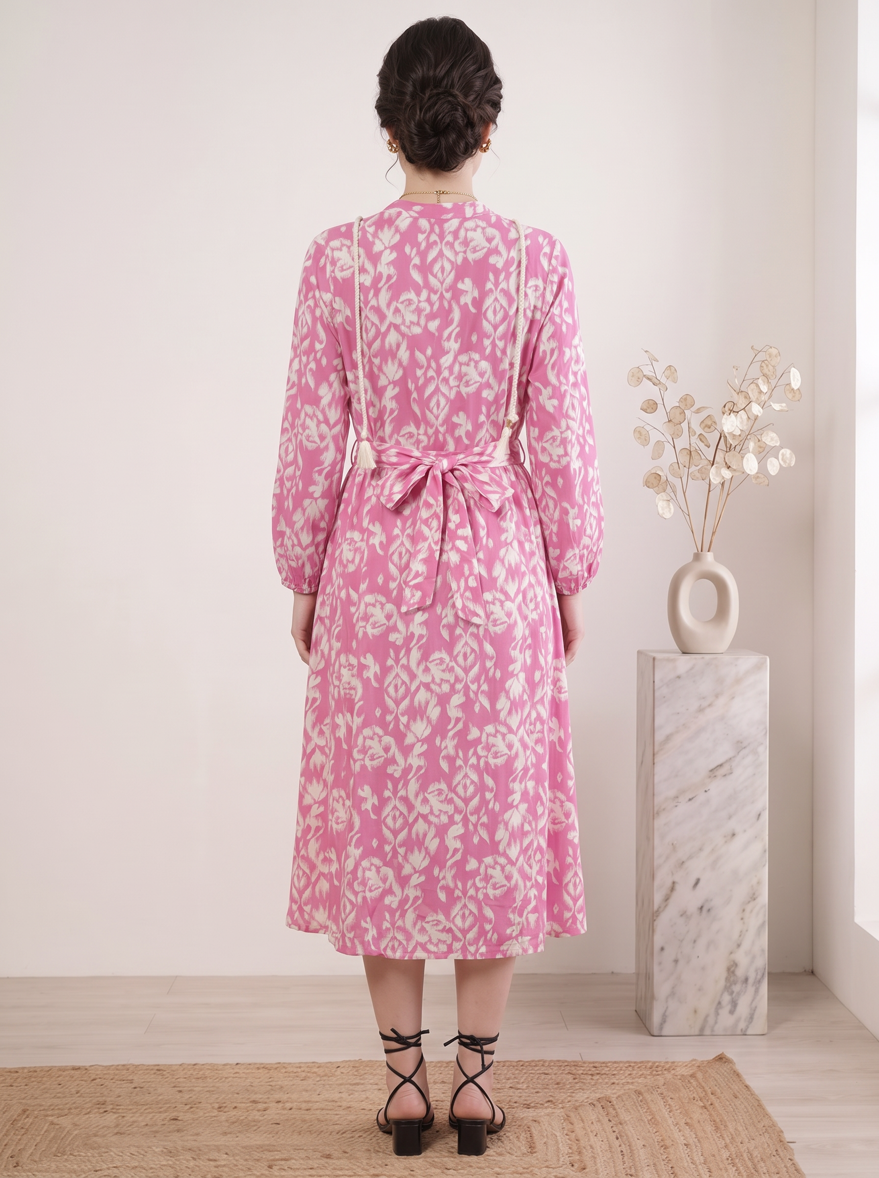 Women's Floral Print Midi Dress – Long Sleeve Tie Waist Casual Dress – FineLook