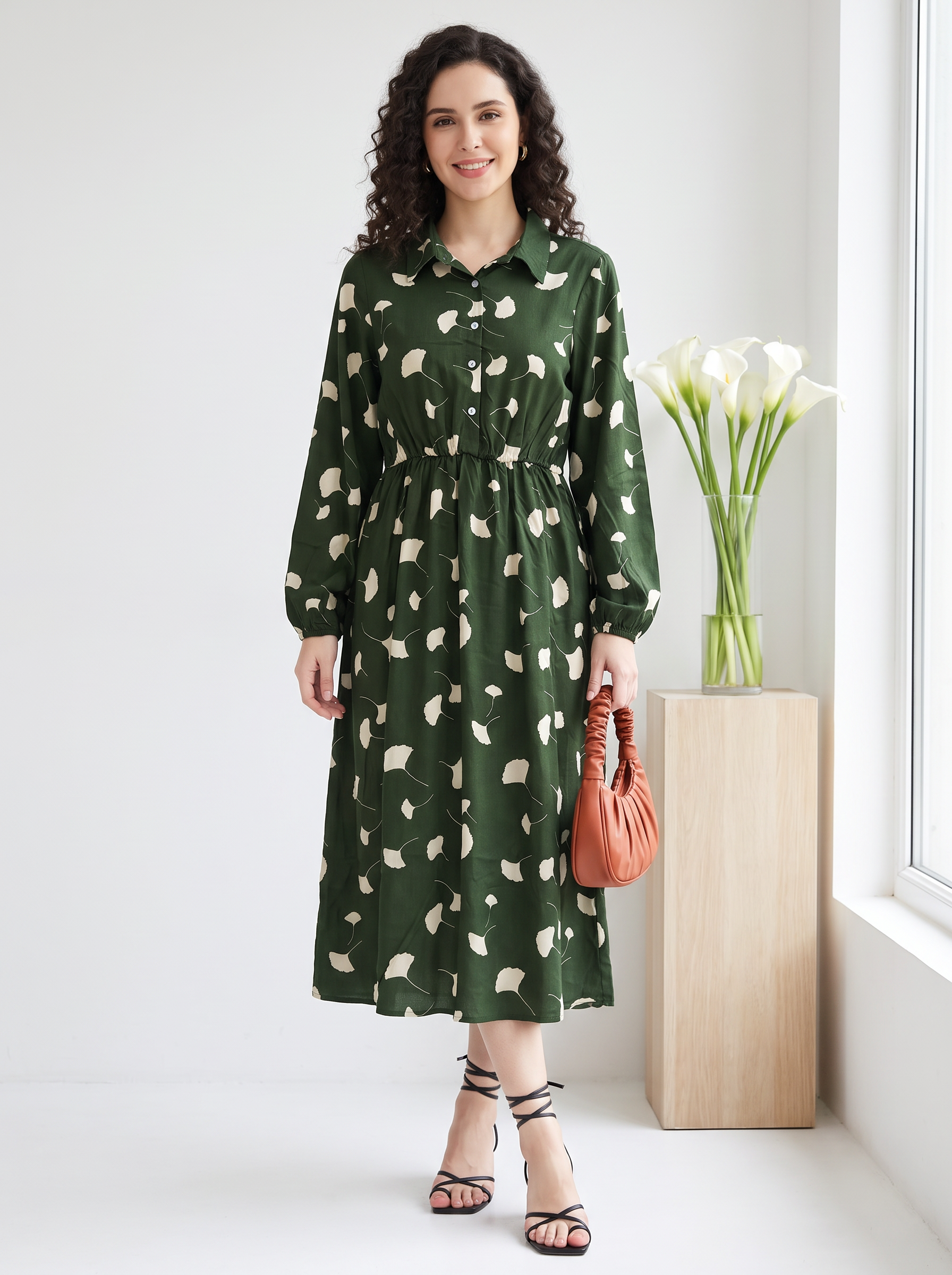 Women's Printed Army Green Midi Shirt Dress – Long Sleeve Collared Button-Down Casual Dress