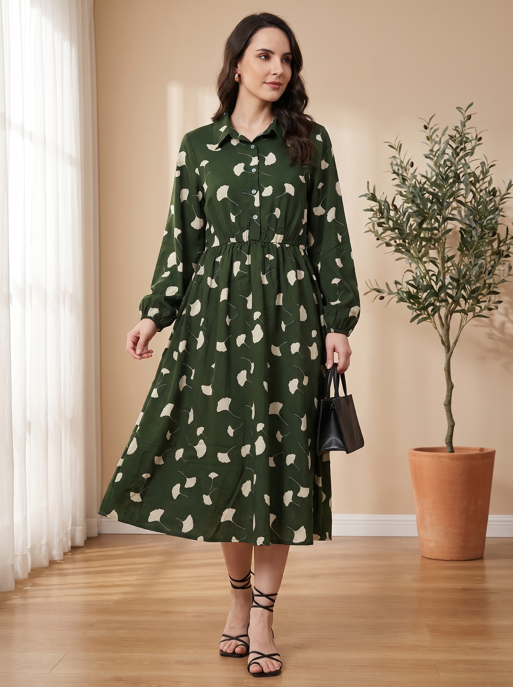 Women's Printed Army Green Midi Shirt Dress – Long Sleeve Collared Button-Down Casual Dress