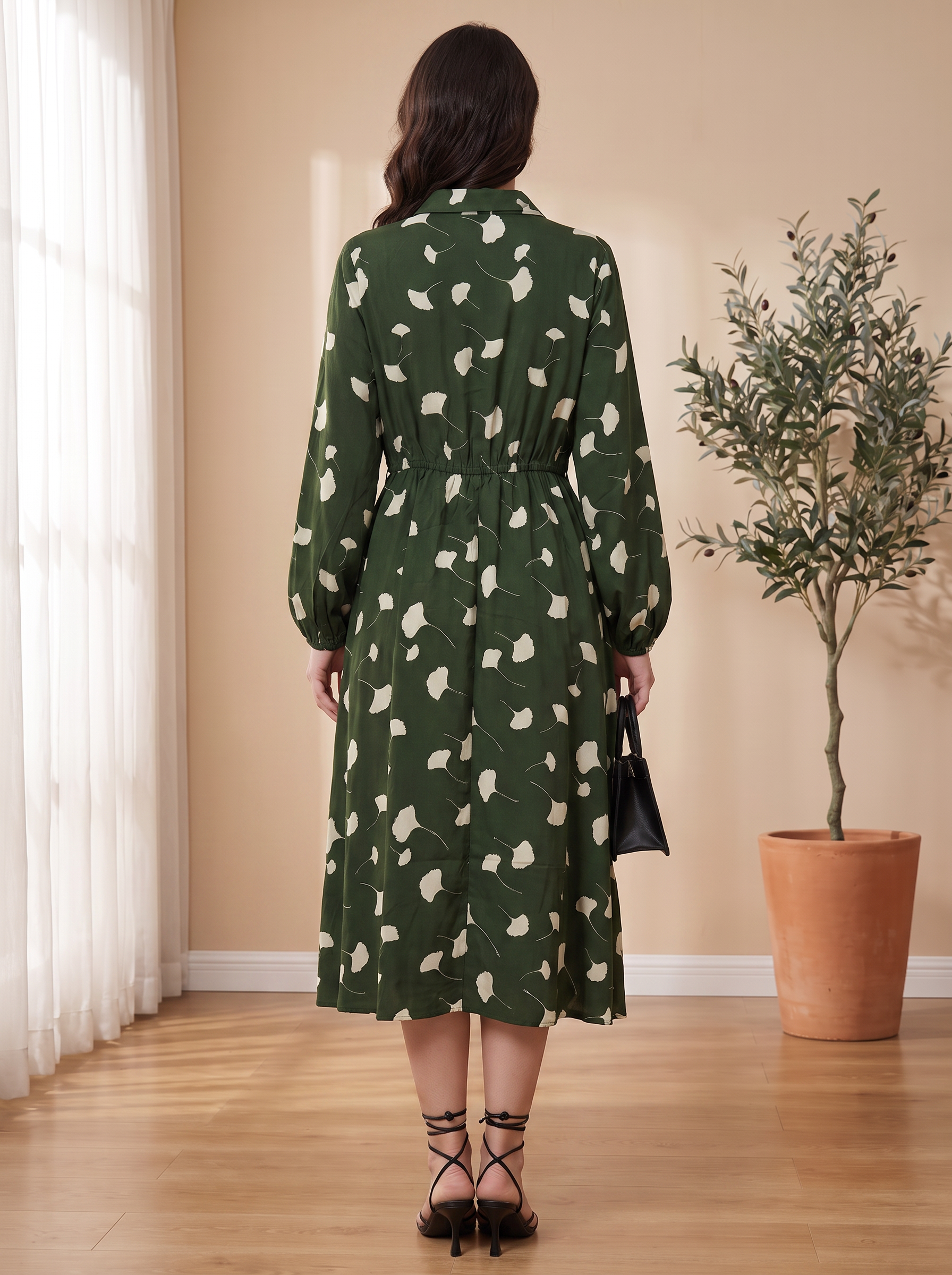 Women's Printed Army Green Midi Shirt Dress – Long Sleeve Collared Button-Down Casual Dress