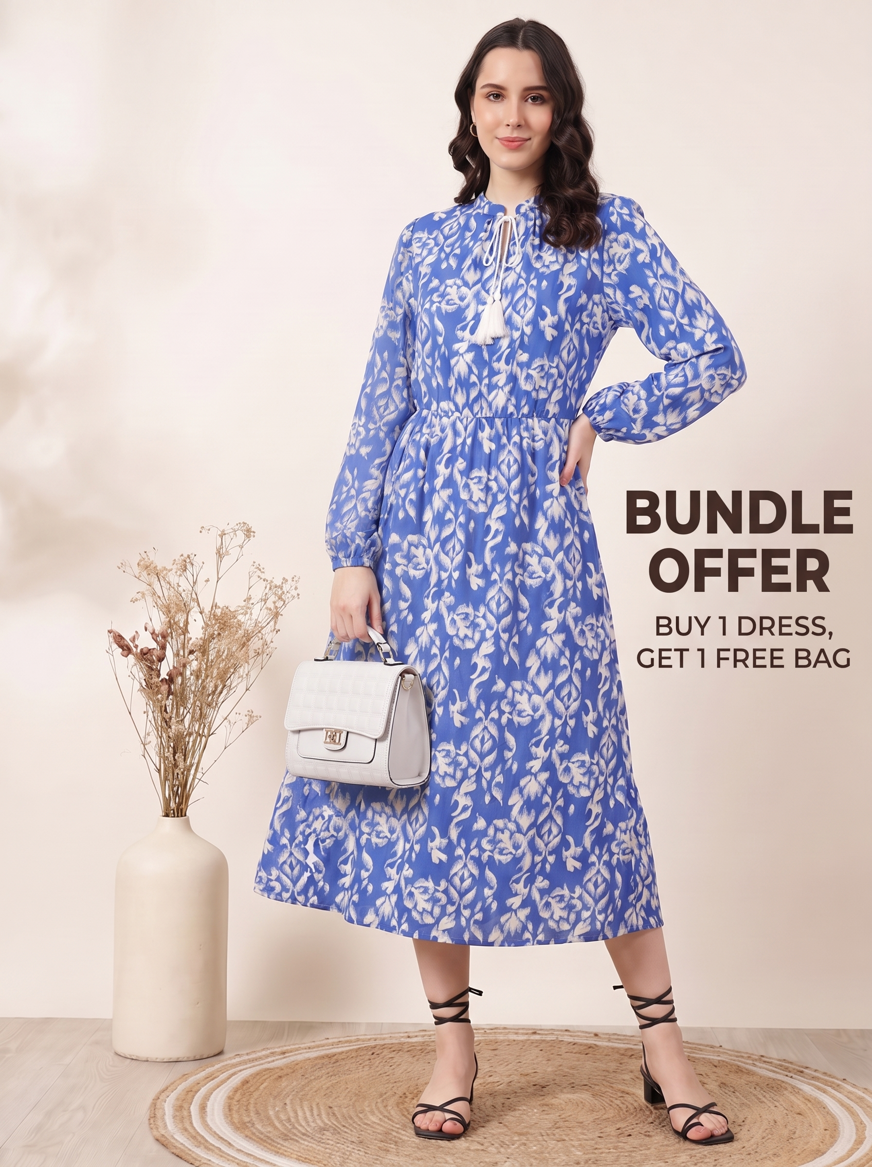 Blue Floral Long-Sleeve Midi Dress + Free Quilted White Bag (Bundle Offer)