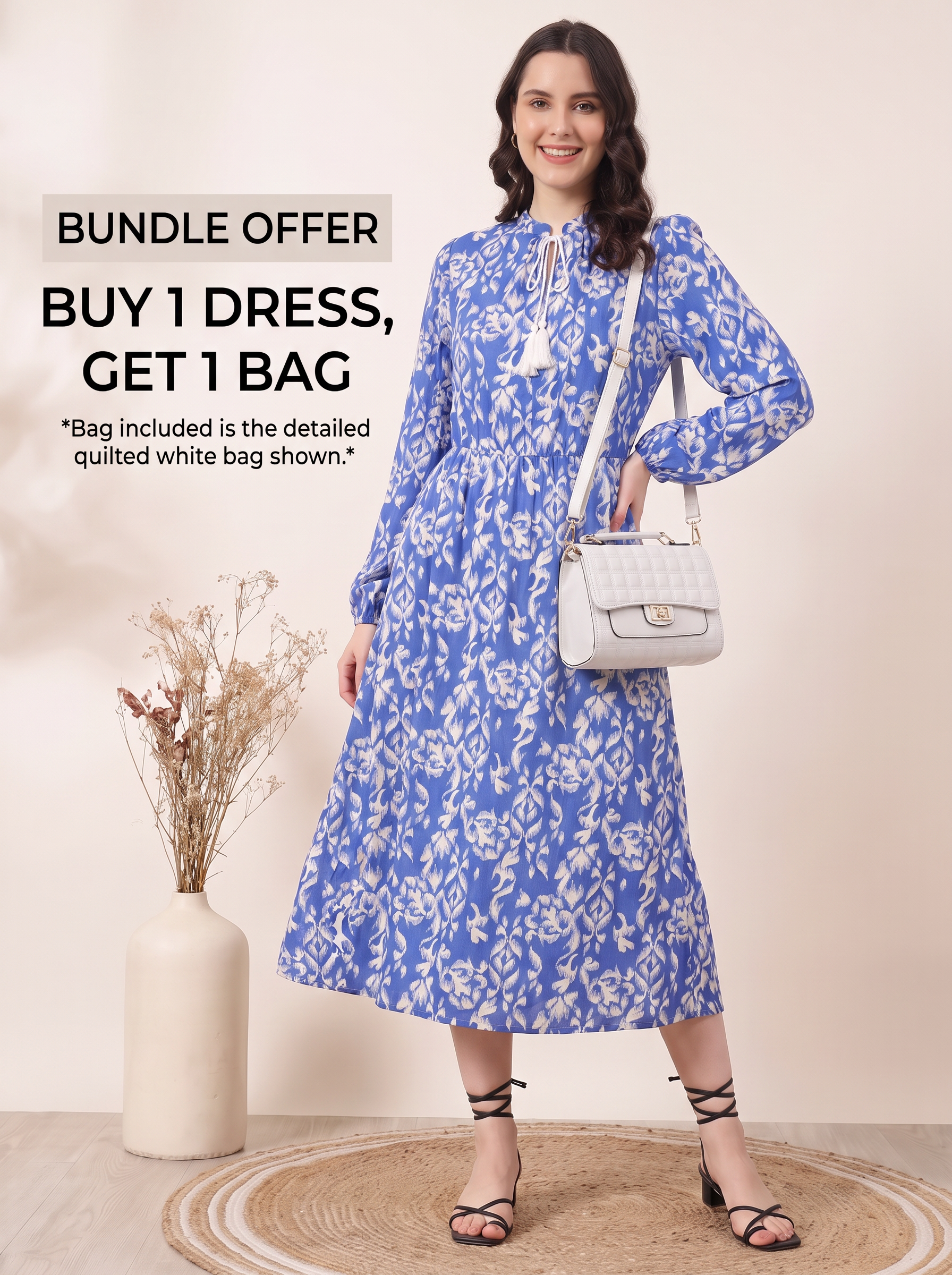 Blue Floral Long-Sleeve Midi Dress + Free Quilted White Bag (Bundle Of – FineLook