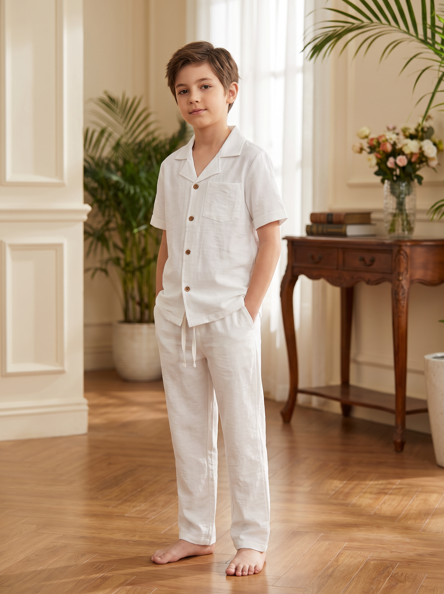 Boys Short Sleeve Button-Up Shirt & Drawstring Pants Co-Ord Set
