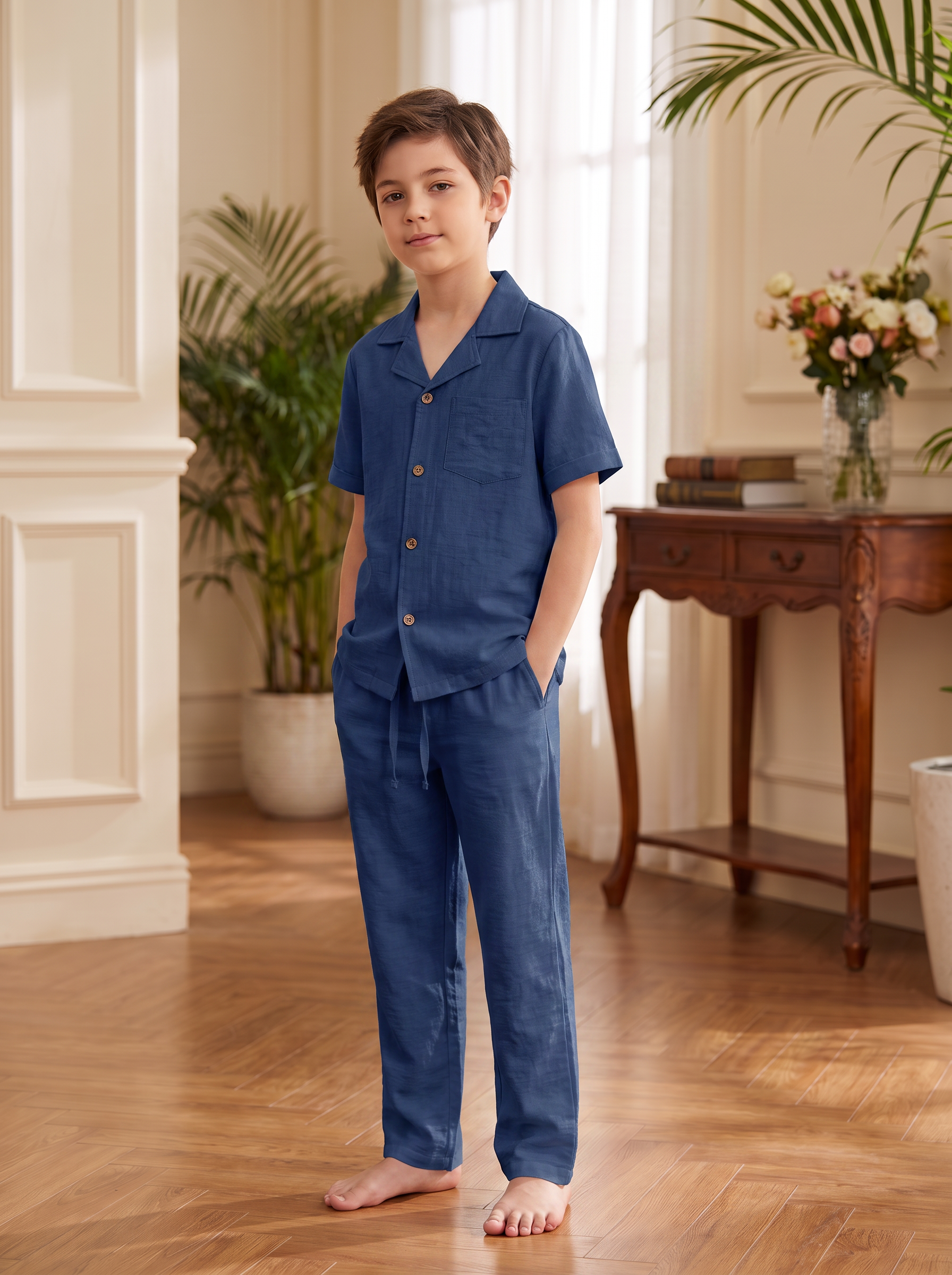 Boys Short Sleeve Button-Up Shirt & Drawstring Pants Co-Ord Set