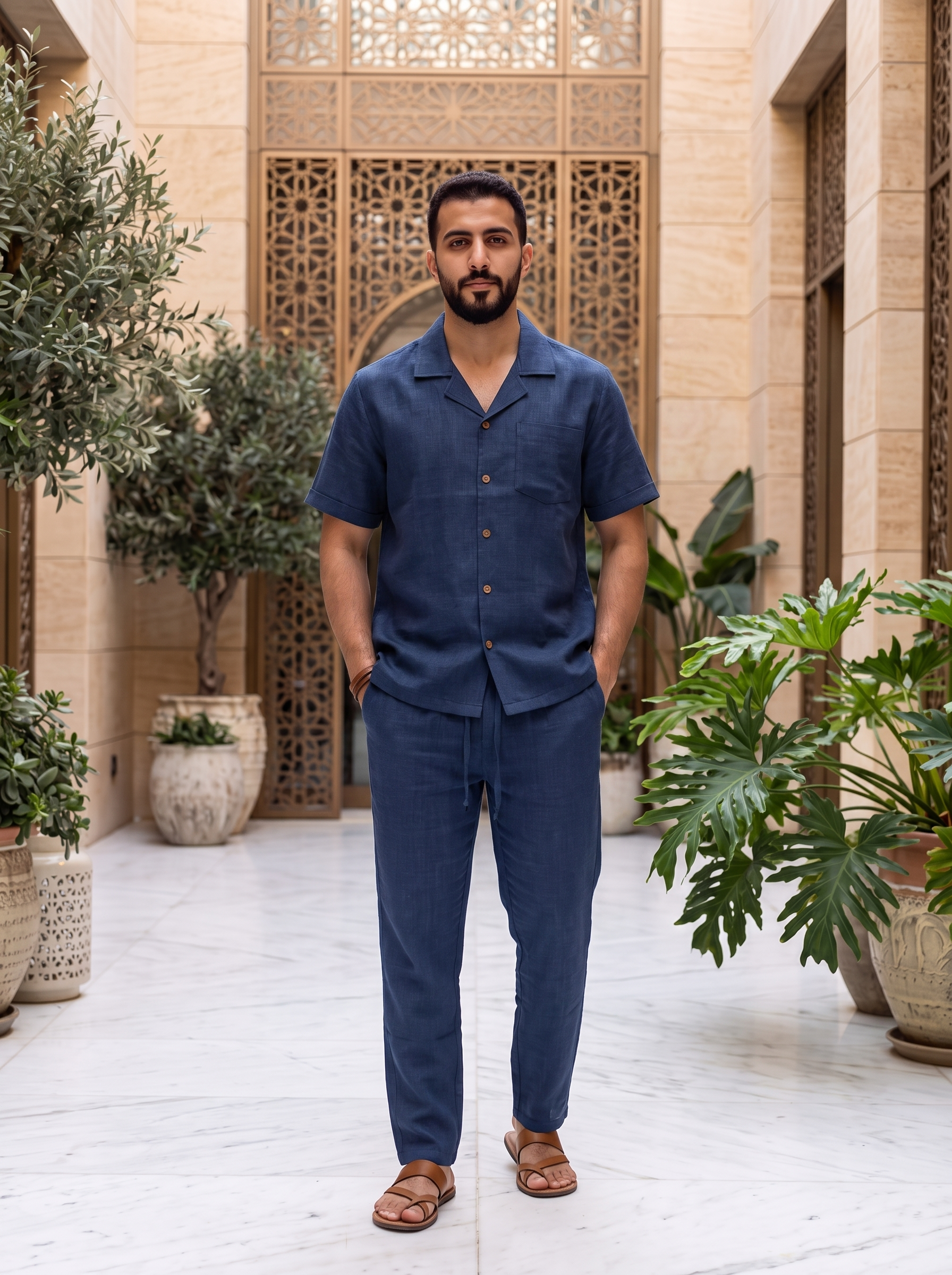 Men's Short Sleeve Button-Up Shirt & Drawstring Pants Co-Ord Set