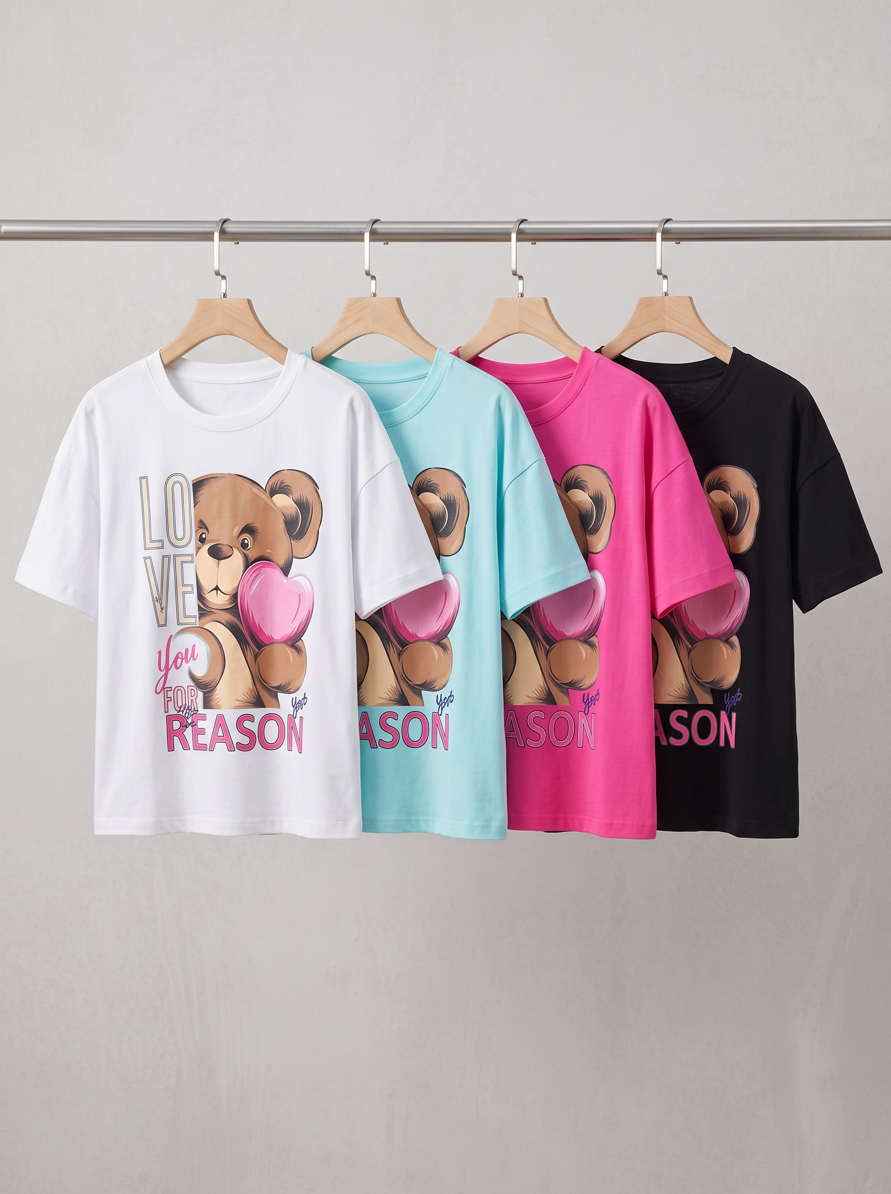Women's Teddy Bear Graphic T-Shirt 4-Piece Set – Casual Short Sleeve Tees