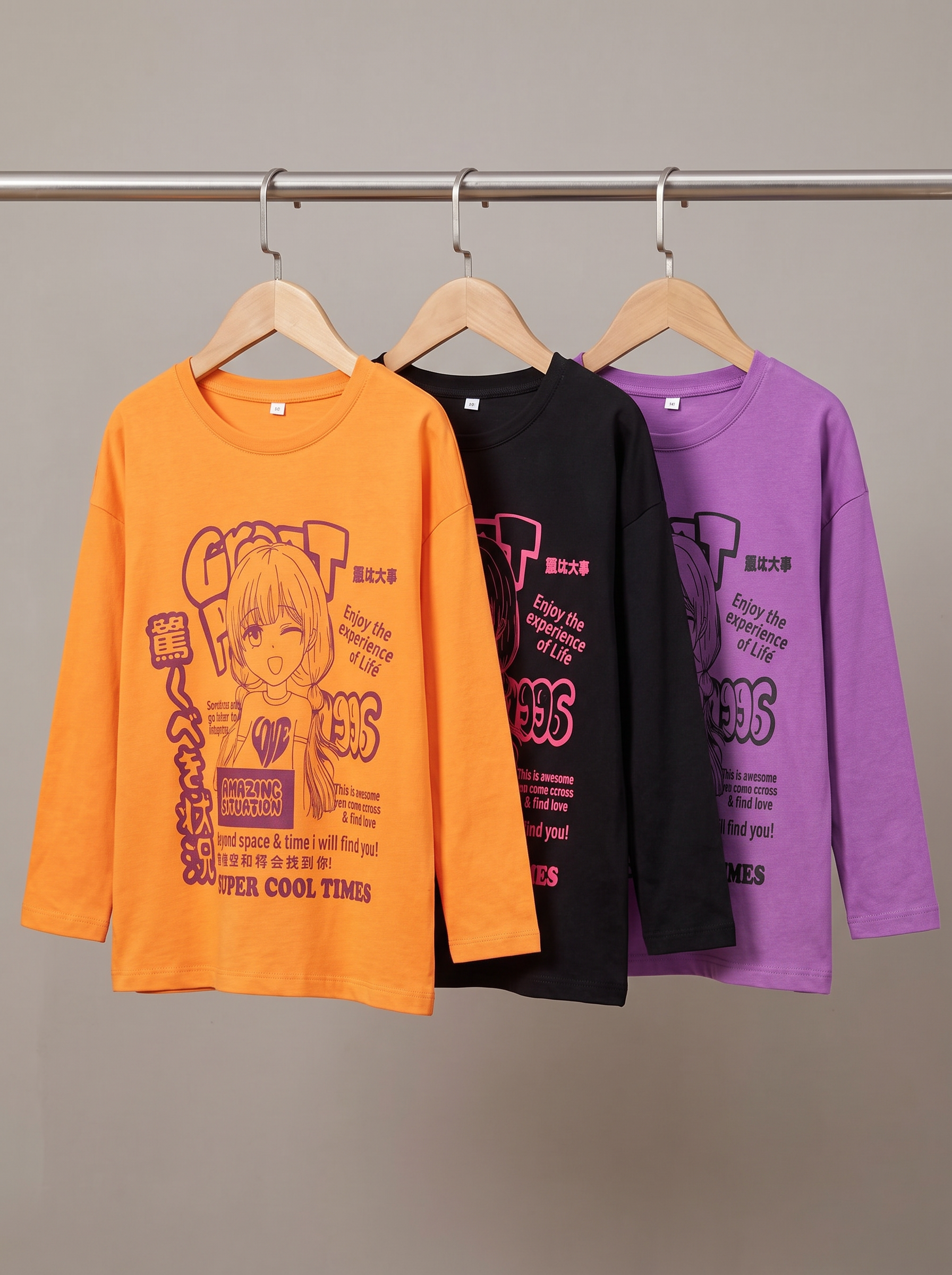 Girl’s Drop Shoulder Long sleeve 4-Piece Set – Casual Cotton Tops