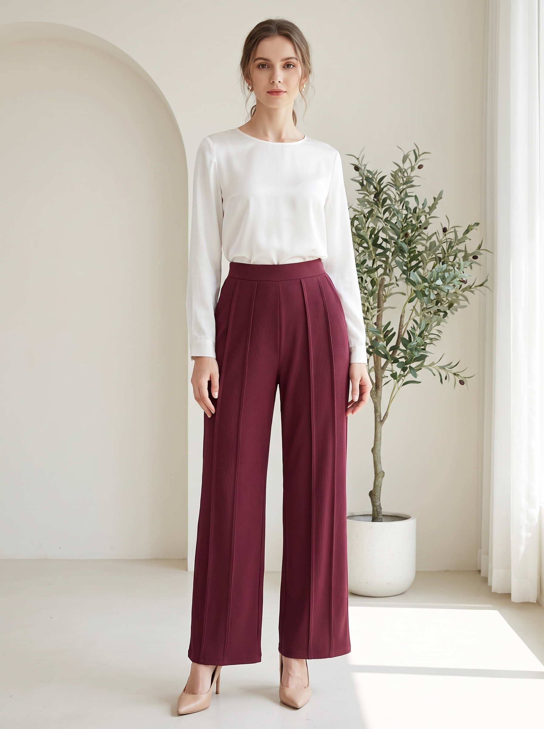 Women's High-Waisted Wide-Leg Ribbed Pants – Elegant Casual Trousers