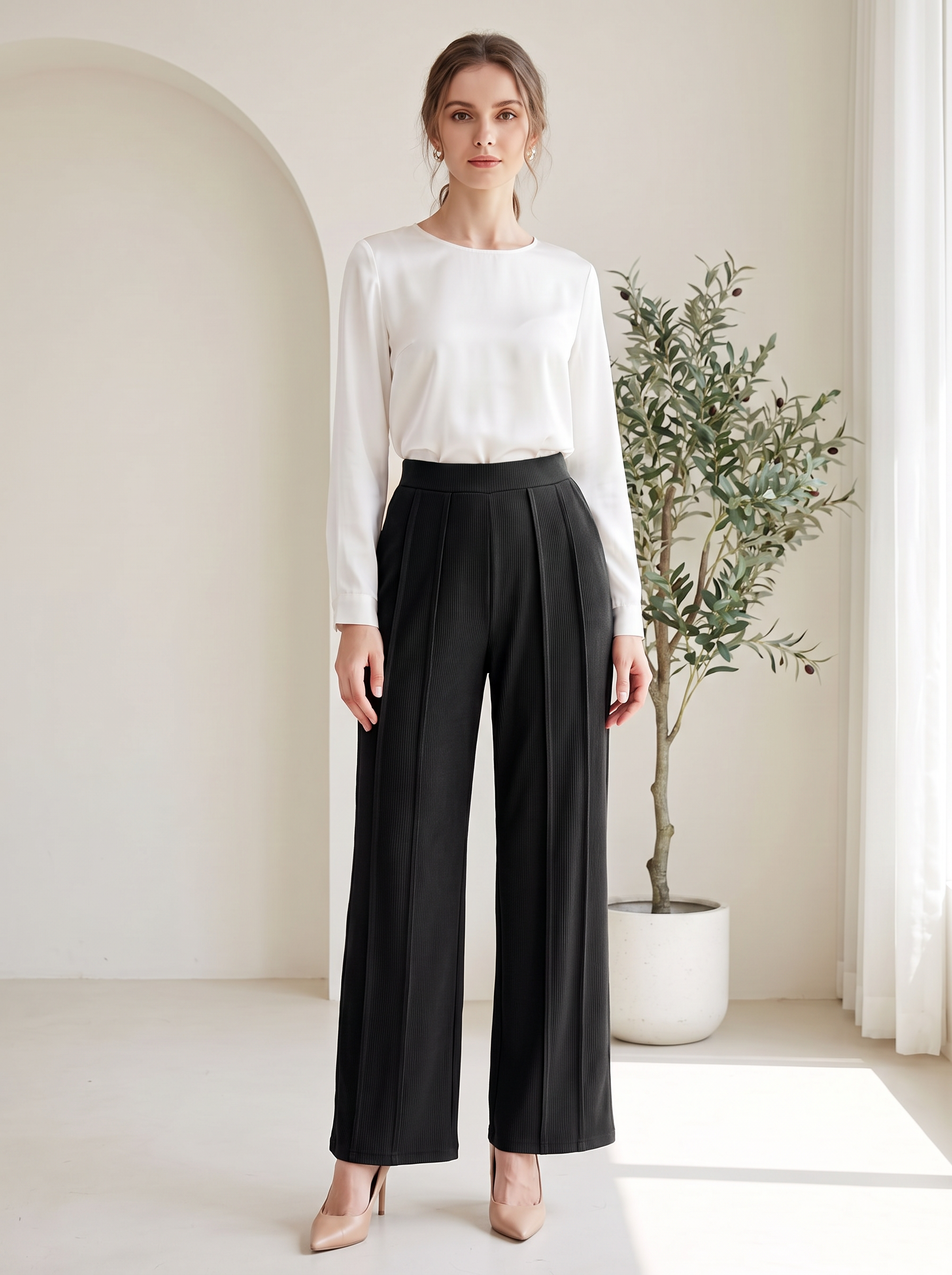Women's High-Waisted Wide-Leg Ribbed Pants – Elegant Casual Trousers