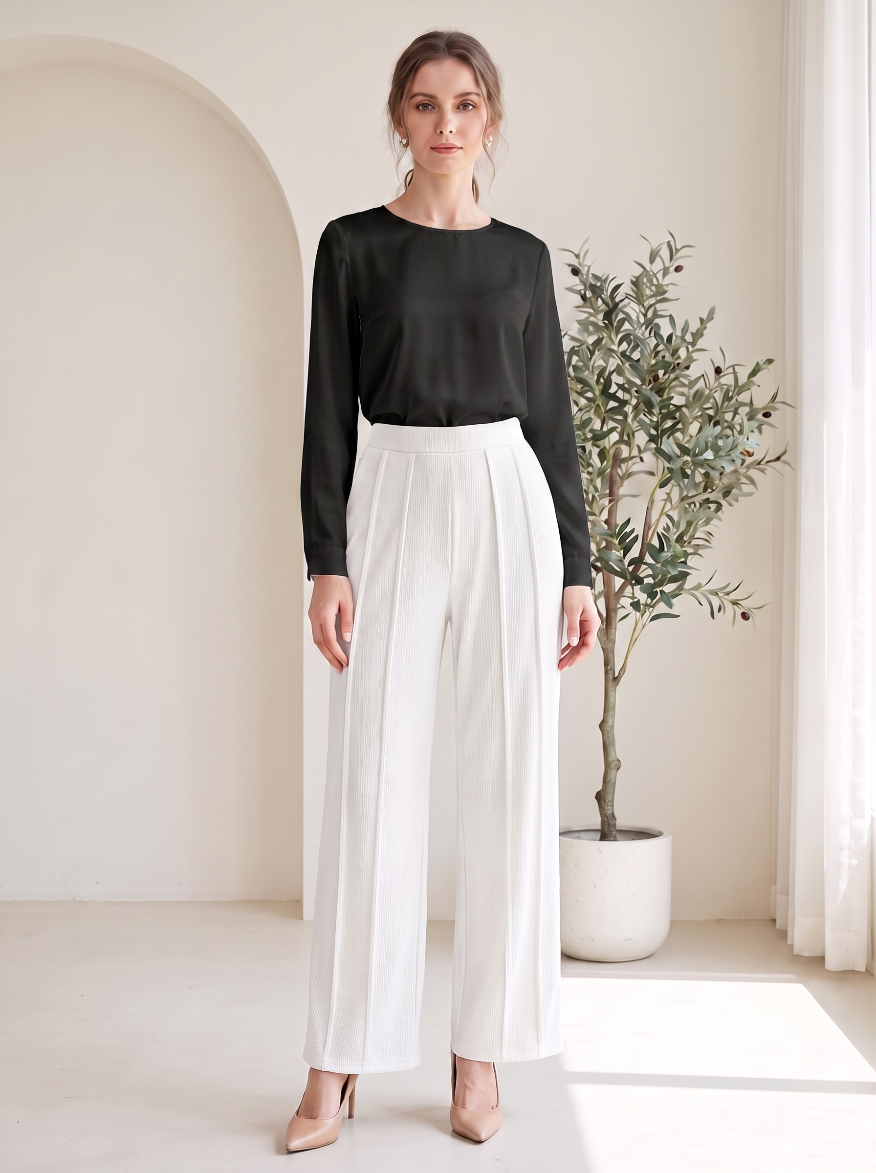 Women's High-Waisted Wide-Leg Ribbed Pants – Elegant Casual Trousers