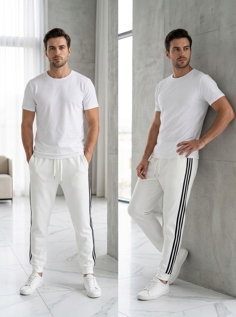 Men’s Jogger Trousers with Side Stripes – Casual Sport Pants – White & Black