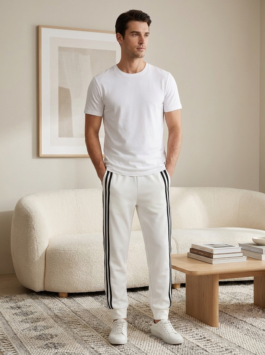 Men’s Jogger Trousers with Side Stripes – Casual Sport Pants – White & Black