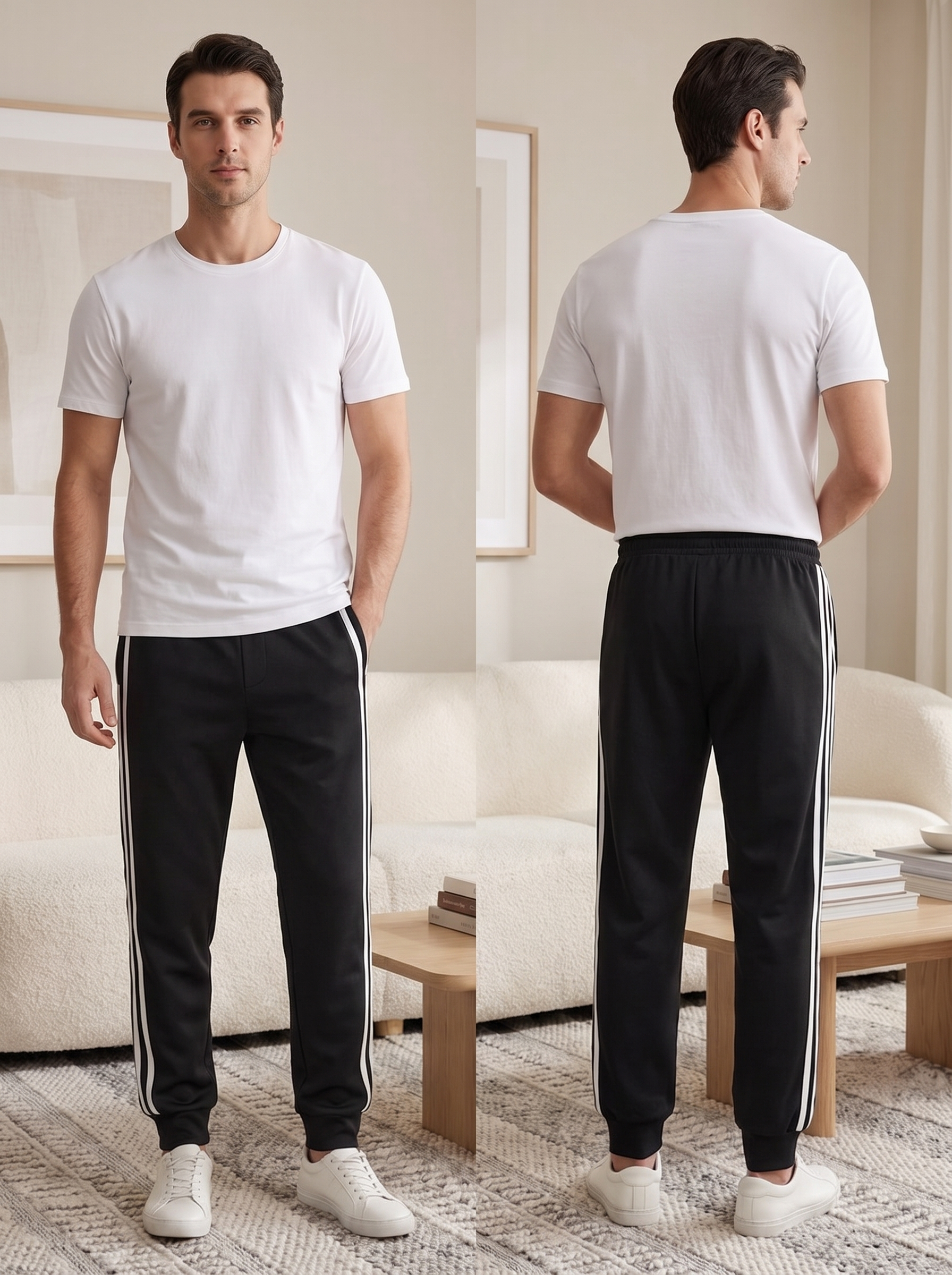 Men’s Jogger Trousers with Side Stripes – Casual Sport Pants – White & Black