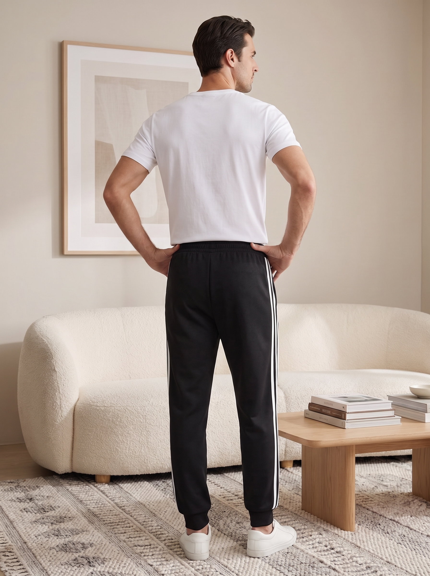 Men’s Jogger Trousers with Side Stripes – Casual Sport Pants – White & Black