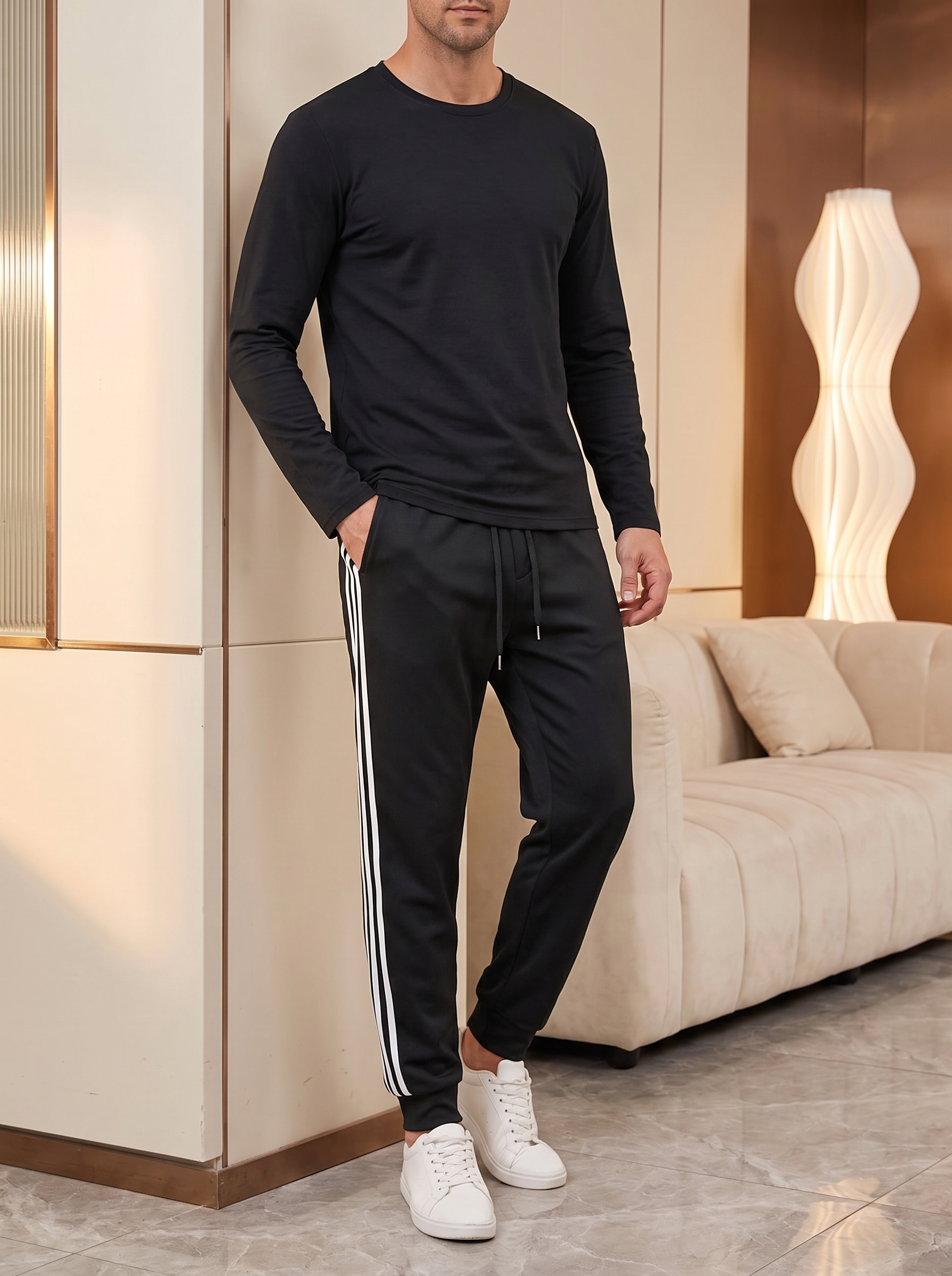Men’s Jogger Trousers with Side Stripes – Casual Sport Pants – White & Black