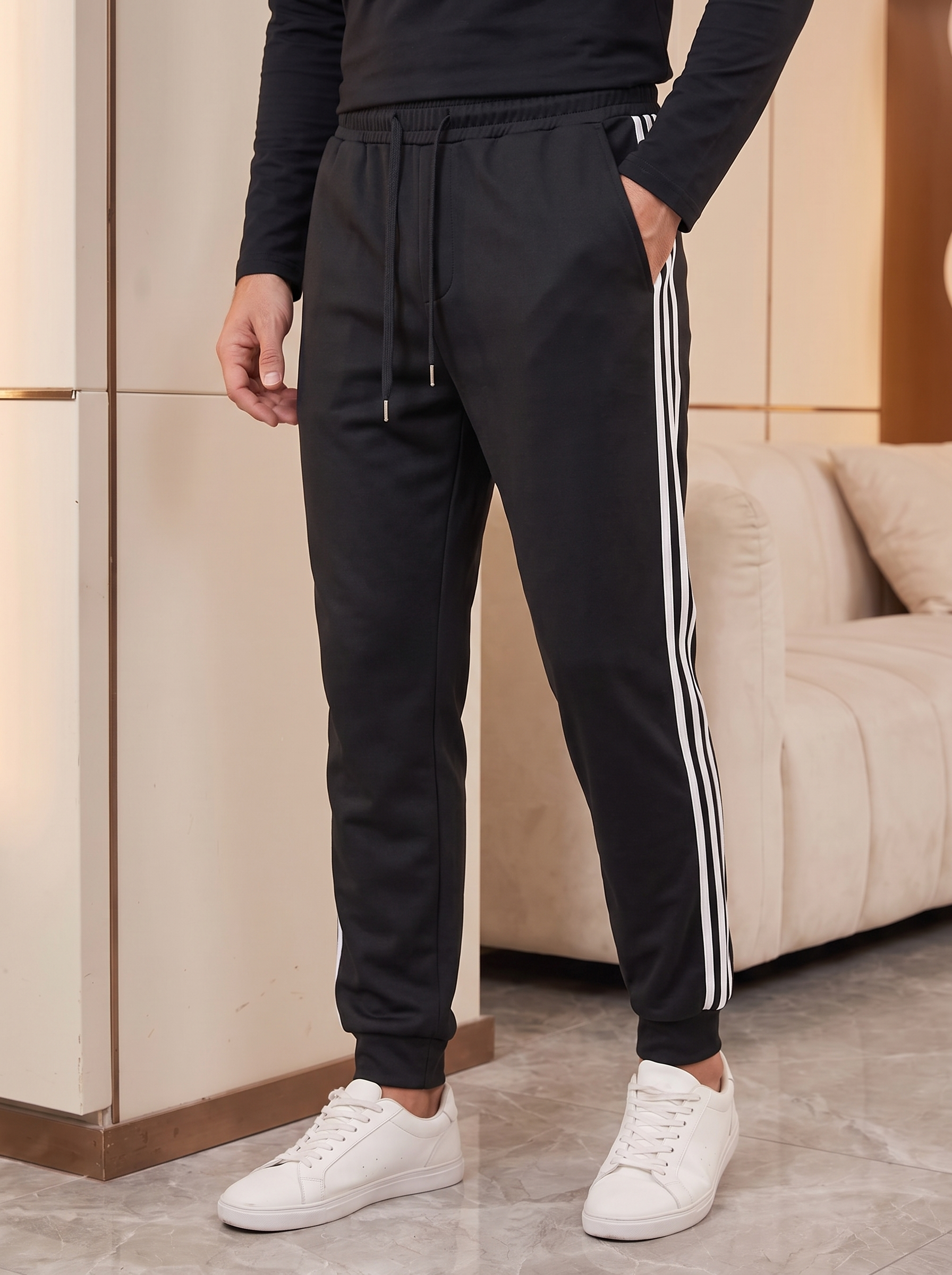 Men’s Jogger Trousers with Side Stripes – Casual Sport Pants – White & Black