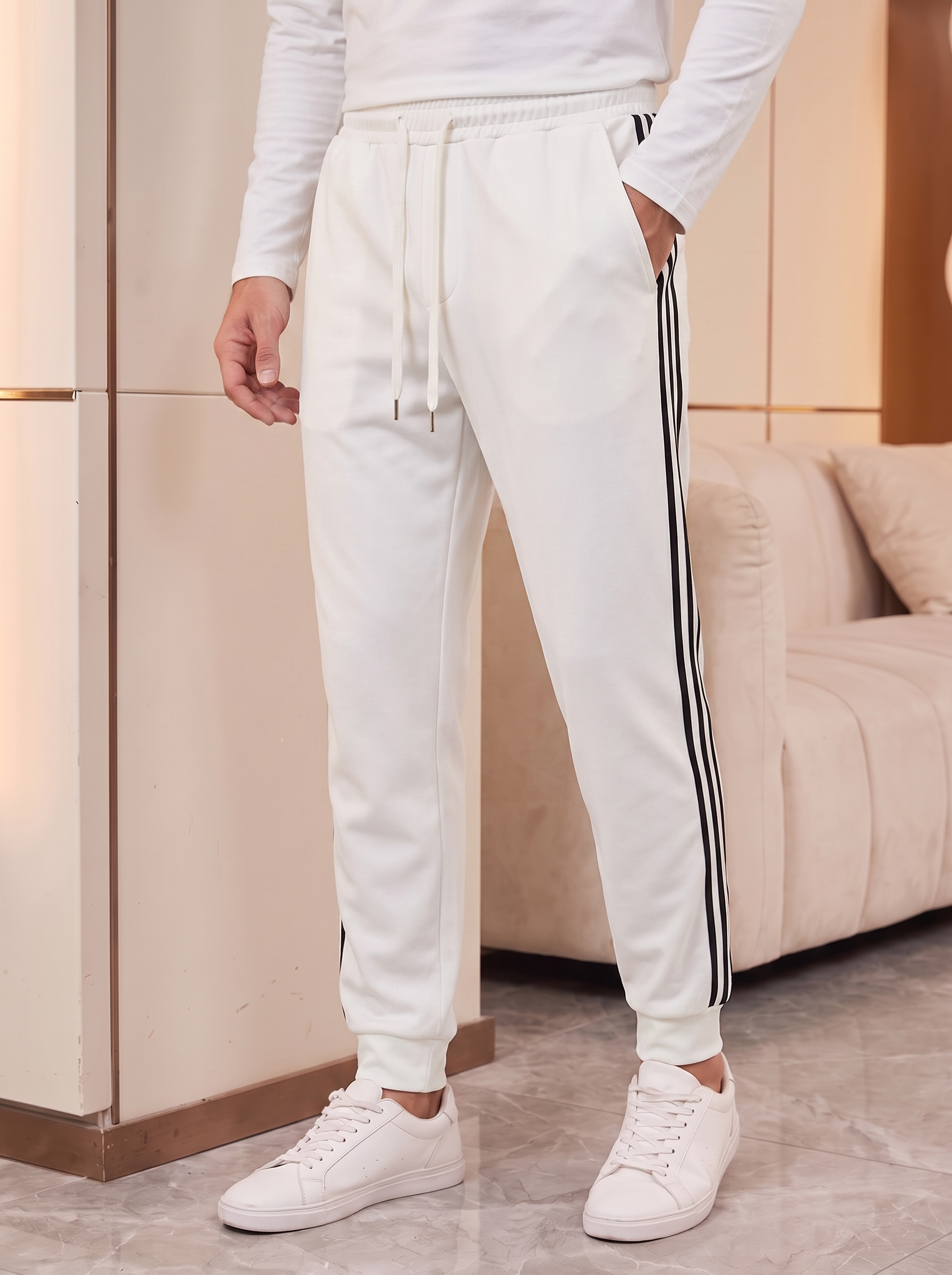 Men’s Jogger Trousers with Side Stripes – Casual Sport Pants – White & Black