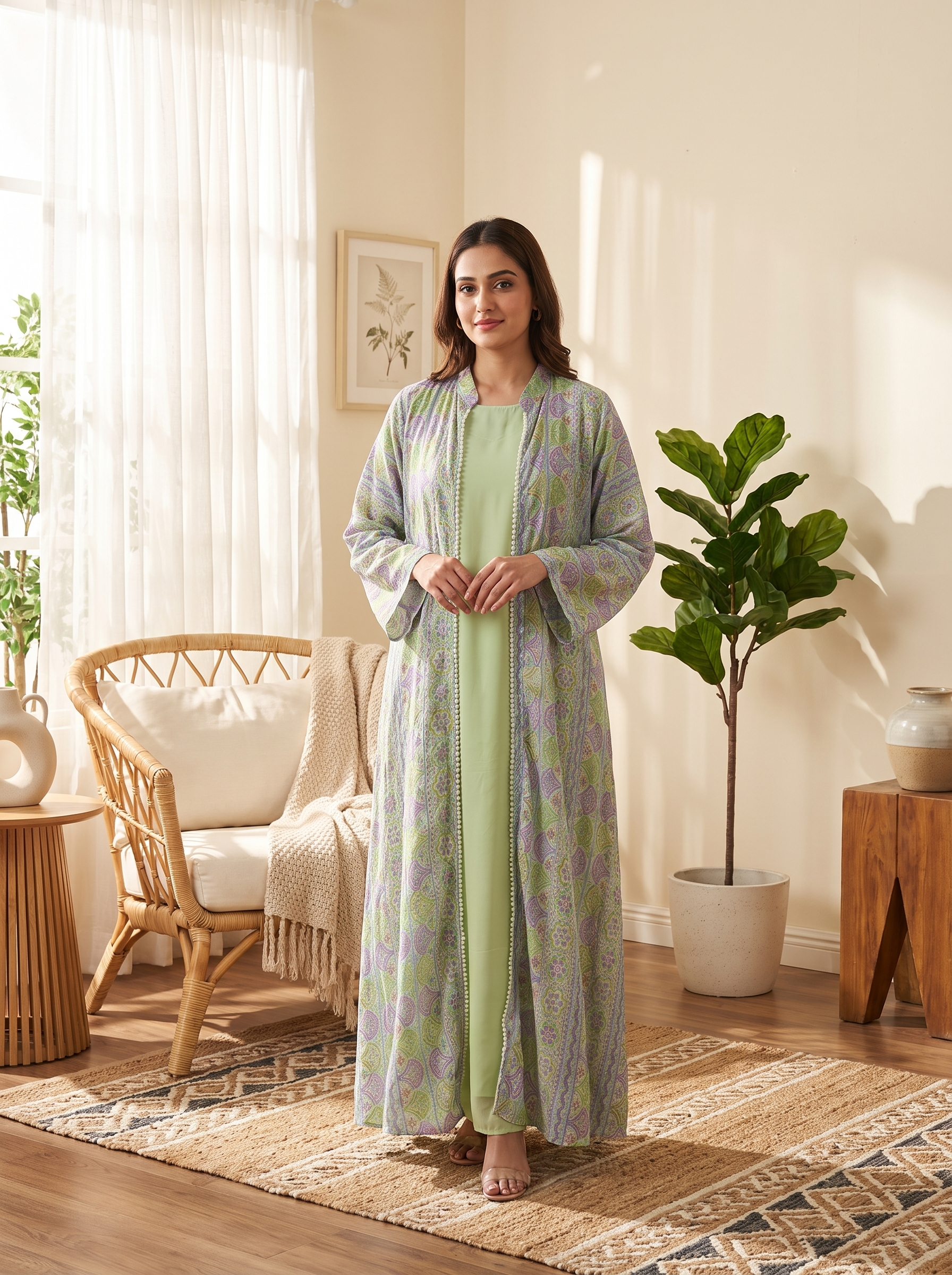Women’s Sage Green Printed Open-Front Kaftan with Matching Inner Slip – 2-Piece Festive Maxi Set