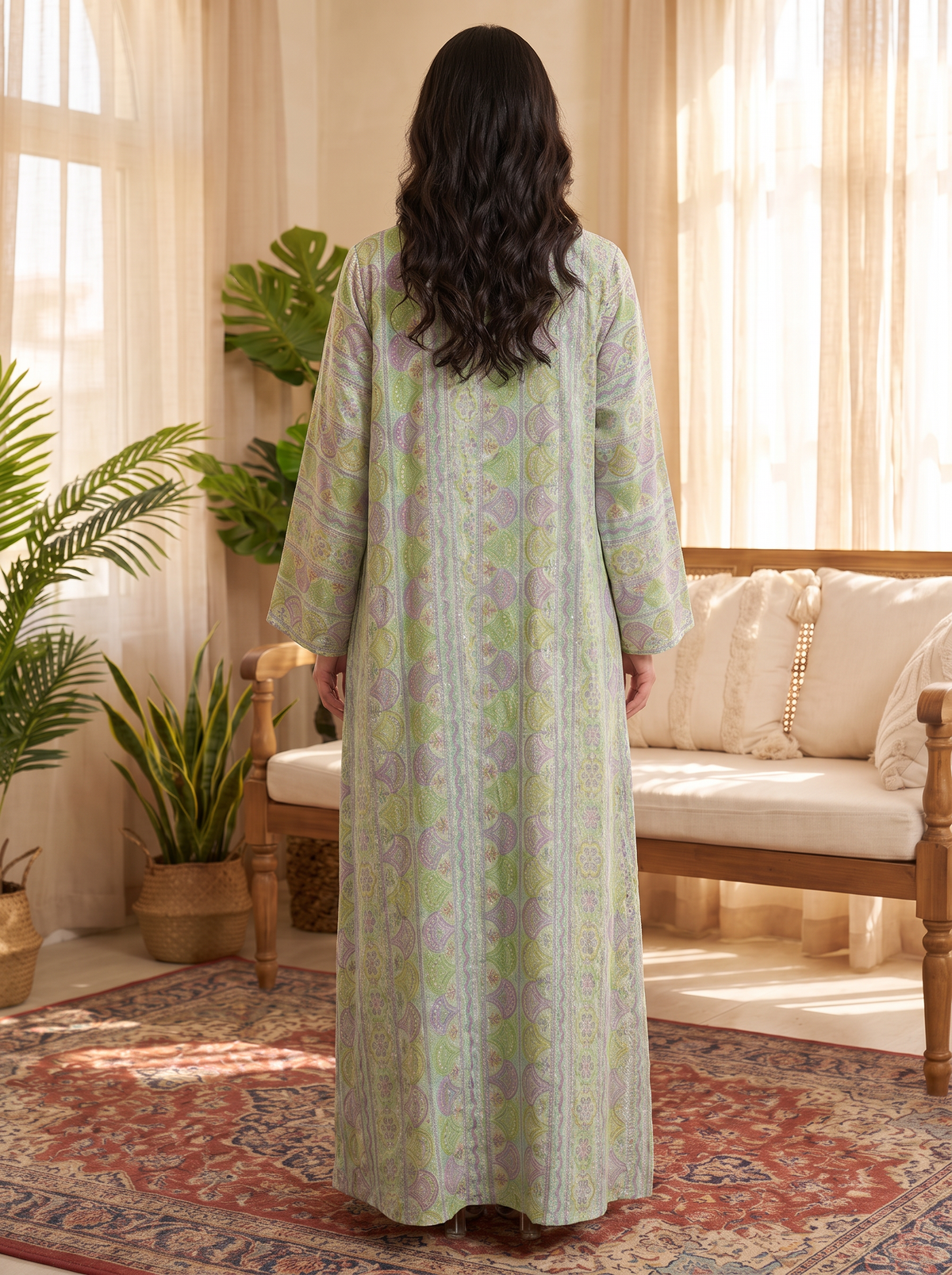 Women’s Sage Green Printed Open-Front Kaftan with Matching Inner Slip – 2-Piece Festive Maxi Set