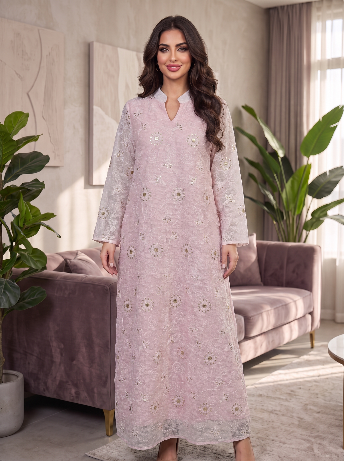 Women’s Light Pink Embroidered & Mirror-Work Maxi Kaftan Dress – Elegant Long-Sleeve Festive Abaya