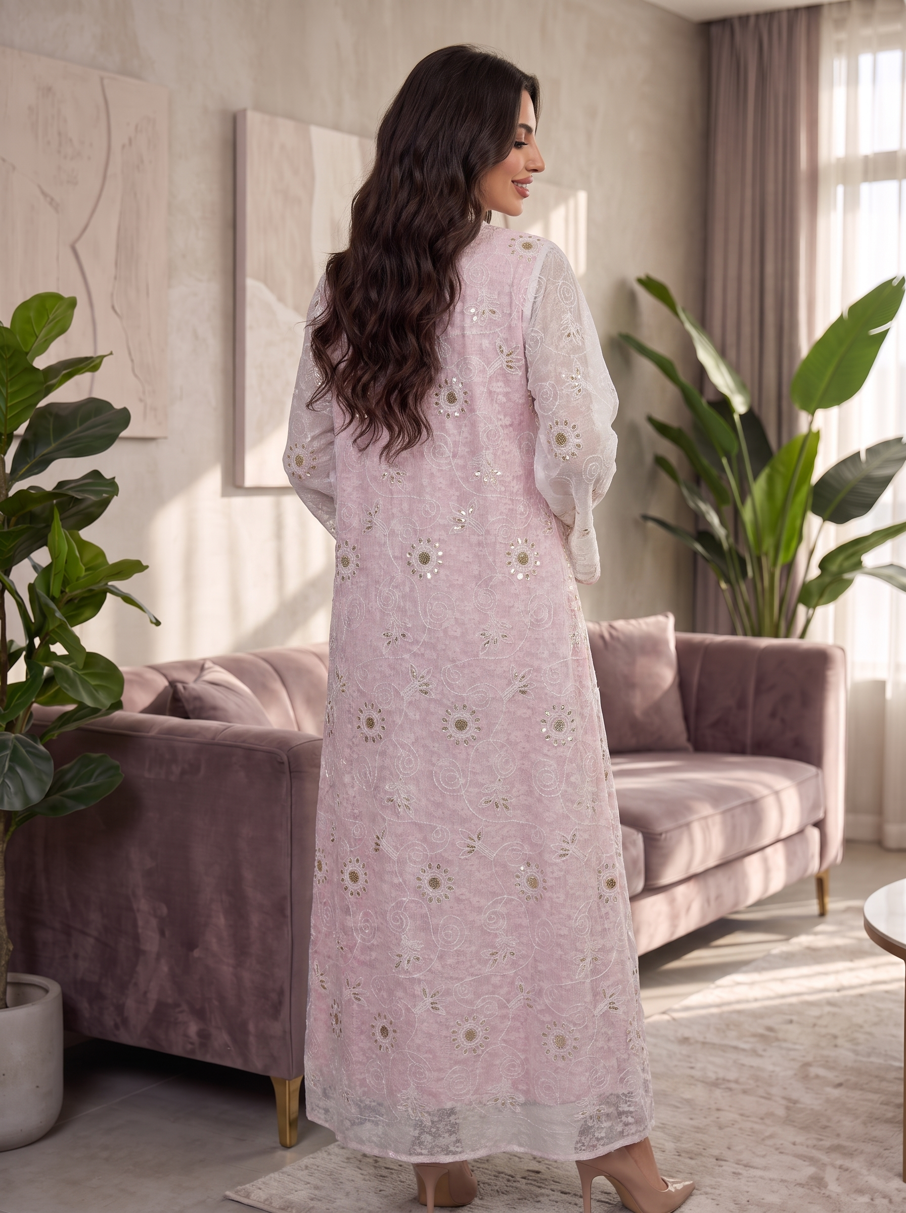 Women’s Light Pink Embroidered & Mirror-Work Maxi Kaftan Dress – Elegant Long-Sleeve Festive Abaya