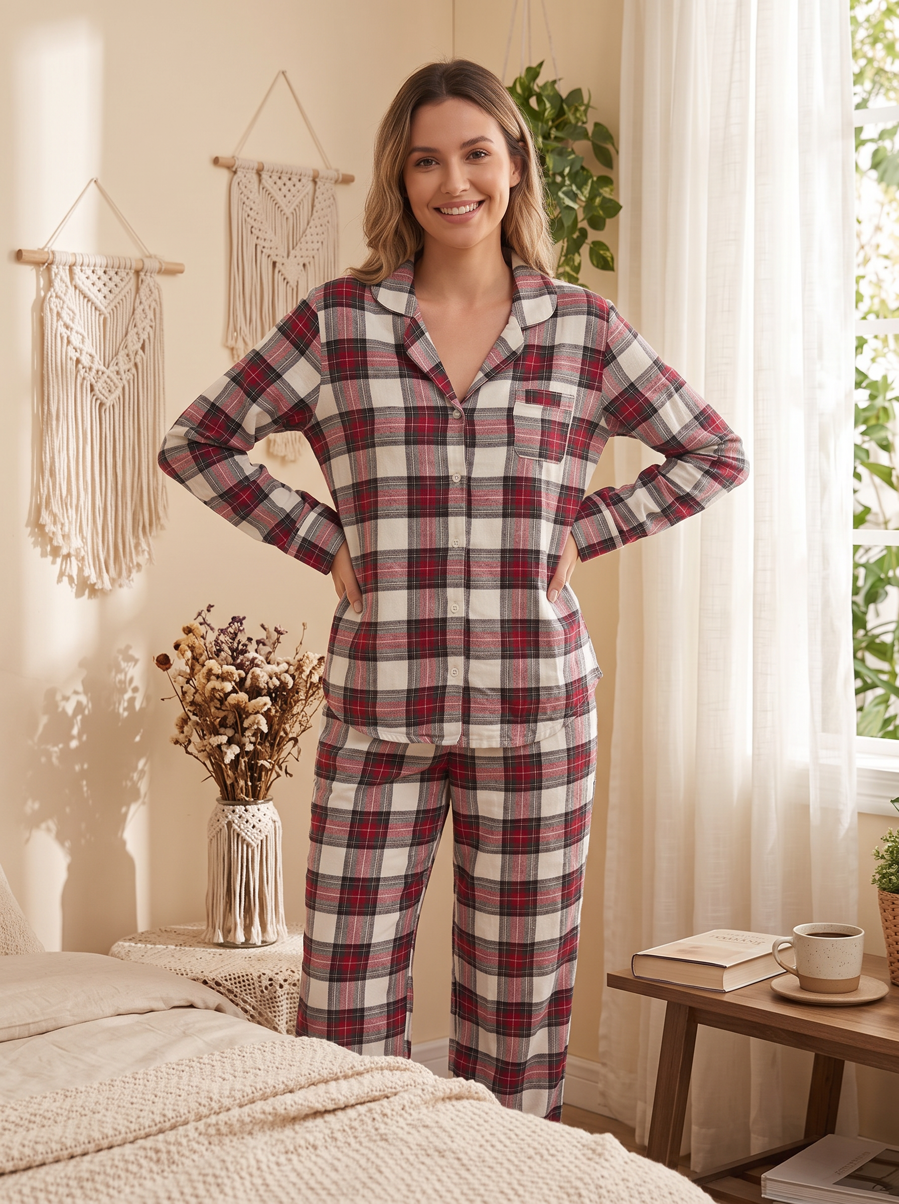Women’s Classic Plaid Pajama Set – Long Sleeve Button-Down Top and Matching Pants Loungewear