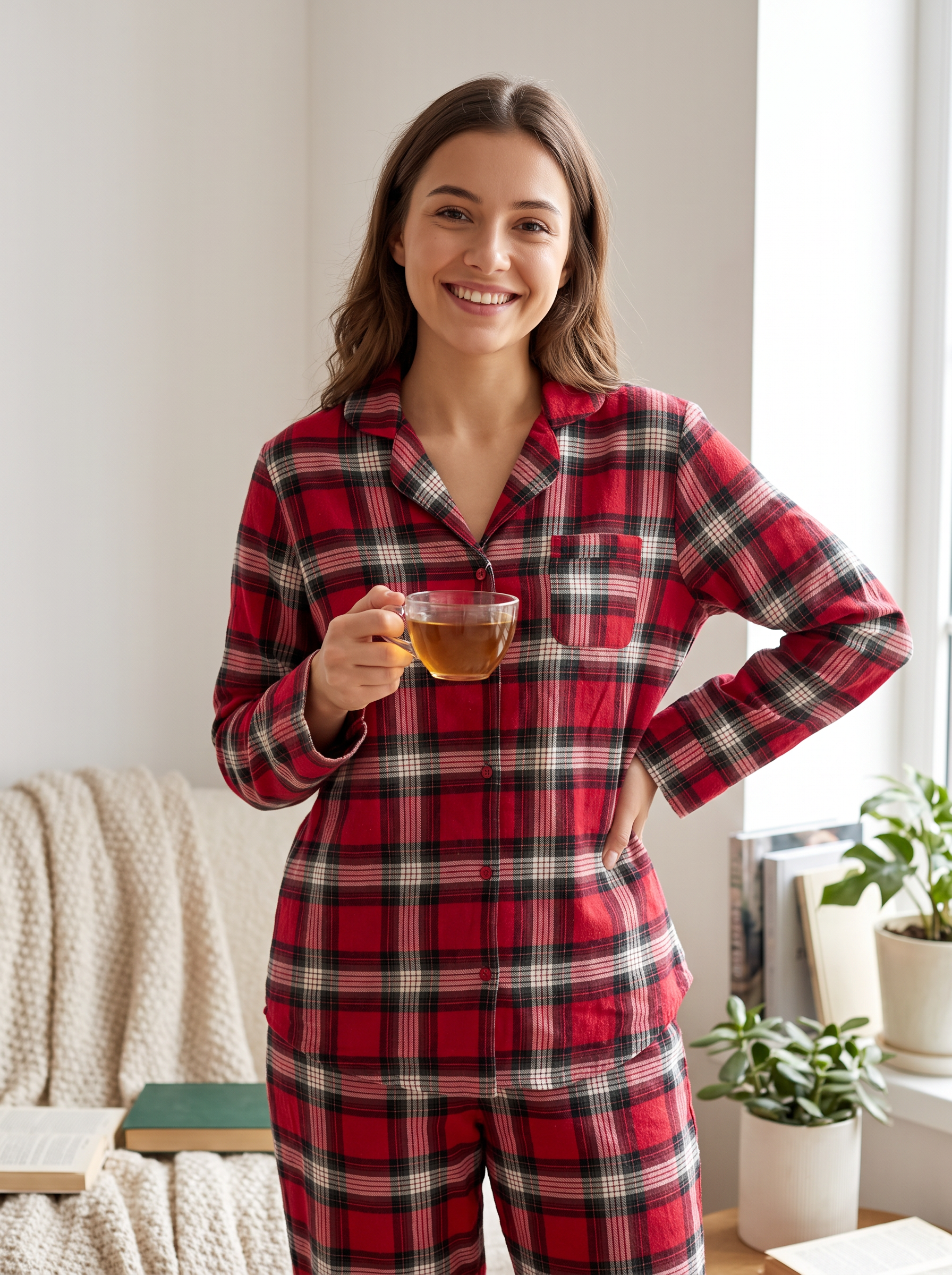 Women’s Red Tartan Plaid Pajama Set – Long Sleeve Button-Down Top and Matching Pants Loungewear