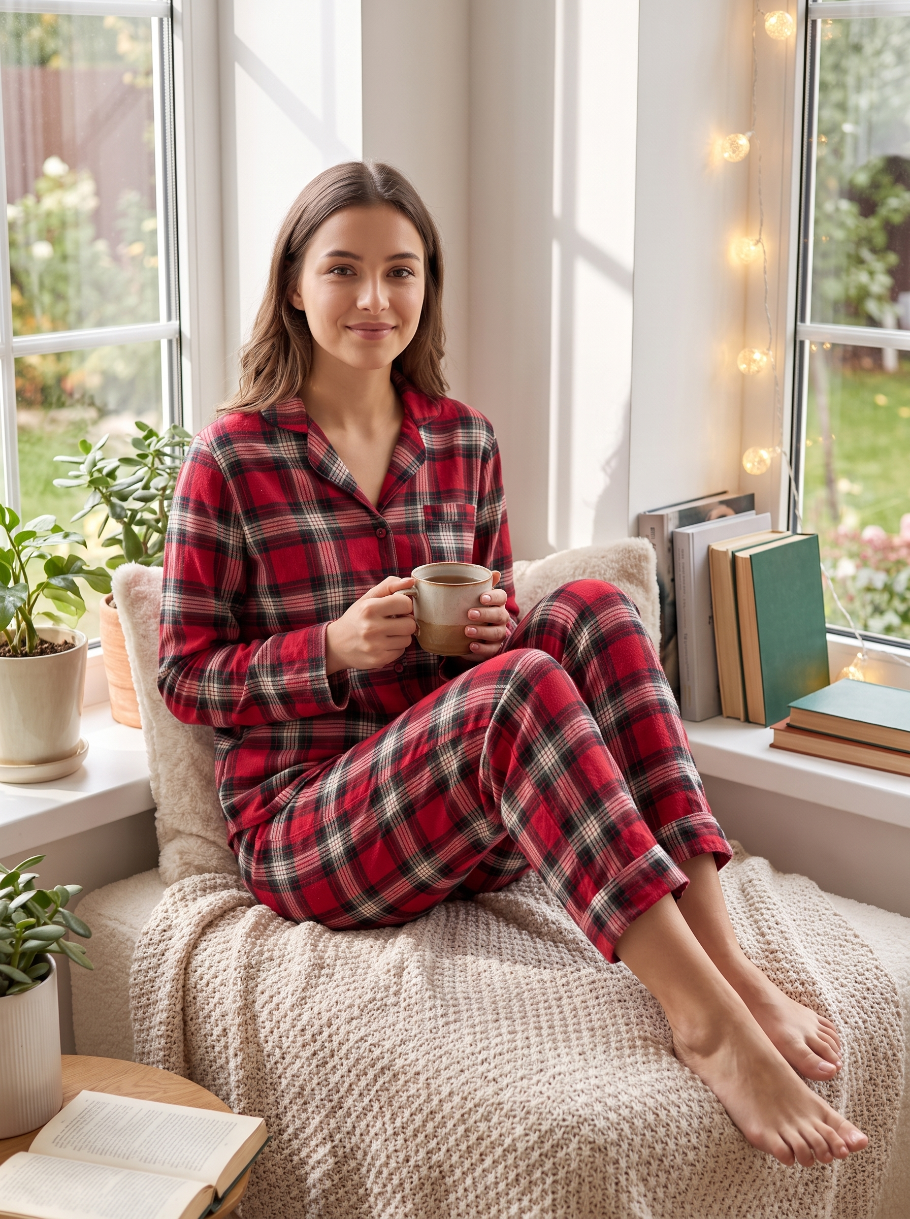 Women’s Red Tartan Plaid Pajama Set – Long Sleeve Button-Down Top and Matching Pants Loungewear