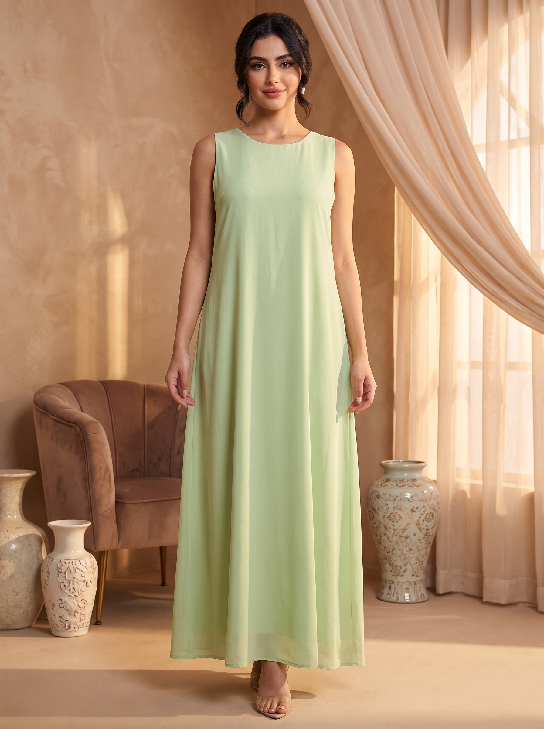 Women’s Sage Green Printed Open-Front Kaftan with Matching Inner Slip – 2-Piece Festive Maxi Set