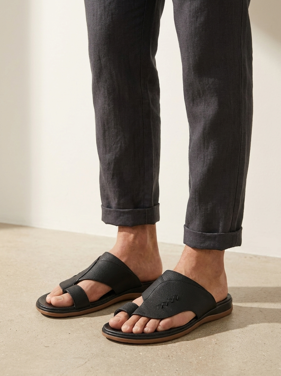 Men's Black Leather Toe-Ring Arabic Slide Sandals - Comfort Flat Slippers
