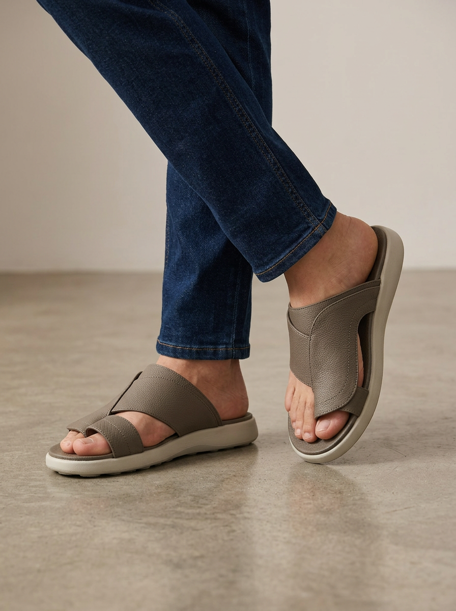 Men's Textured Leather Toe-Loop Arabic Style Slide Sandals - Ergonomic Comfort Sole