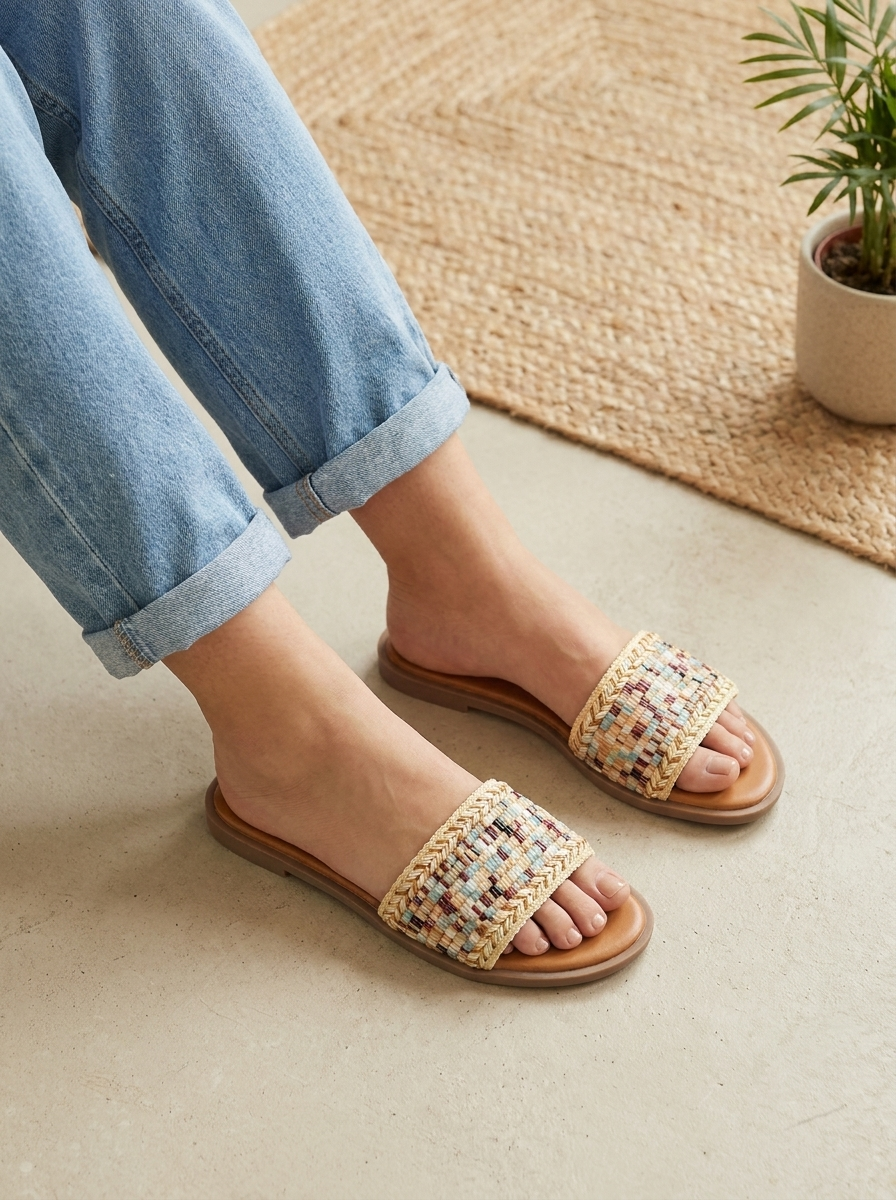 Women's Woven Raffia Flat Slide Sandals - Boho Pattern Open Toe Beach Shoes