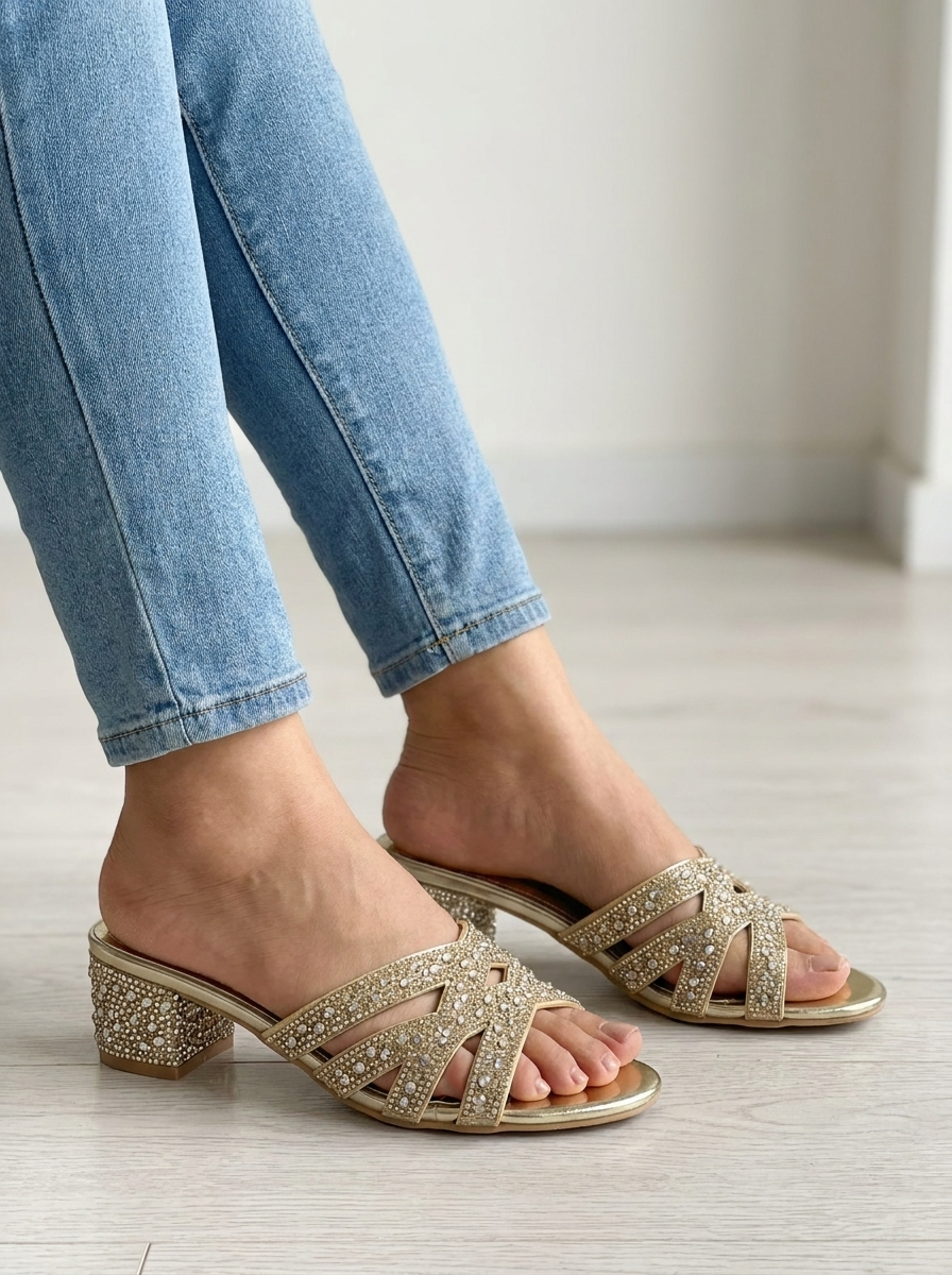 Women's Gold Rhinestone Embellished Low Block Heel Slide Sandals - Sparkly Mule Heels