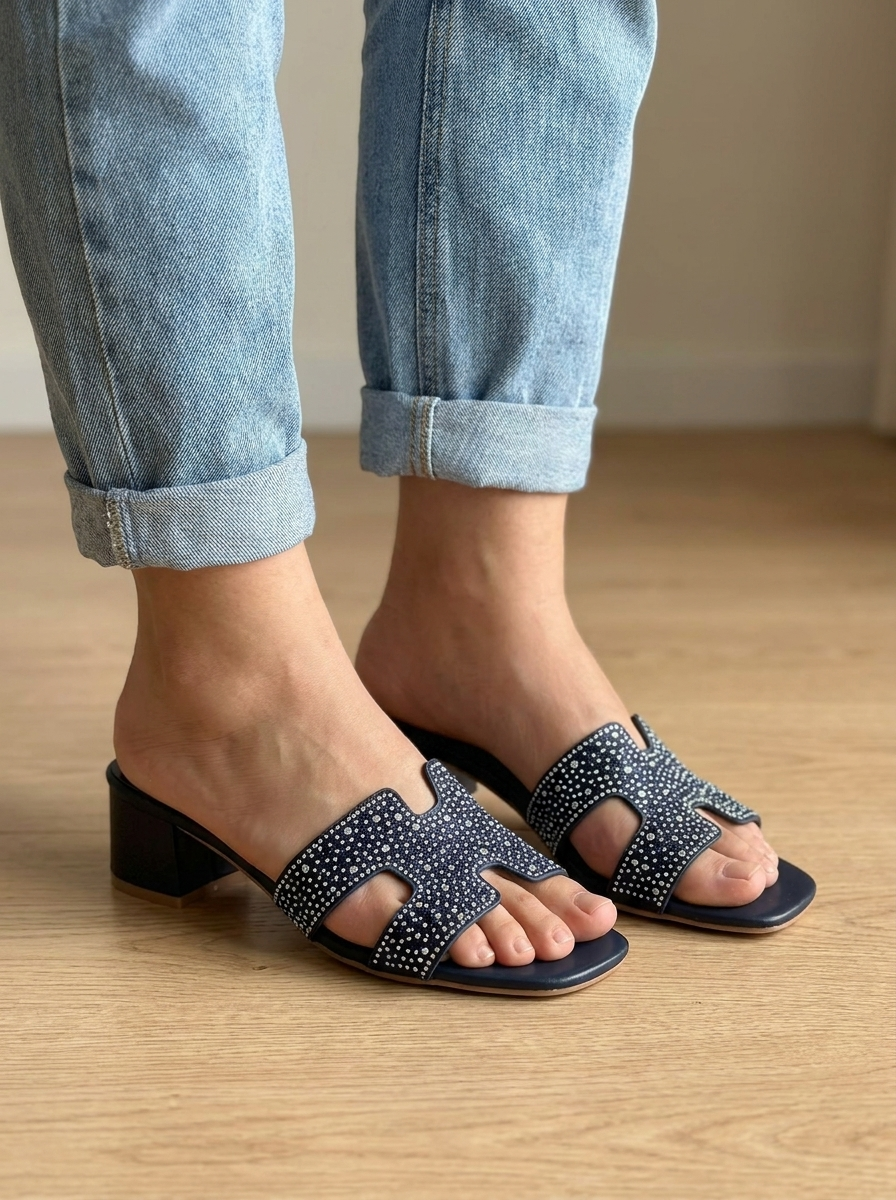 Women's Navy Blue Rhinestone Cutout Low Block Heel Slide Sandals - Sparkly Square Toe Mules