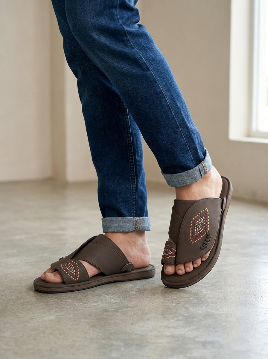 Men's Dark Brown Embroidered Leather Arabic Slide Sandals - Traditional Toe-Loop Slippers