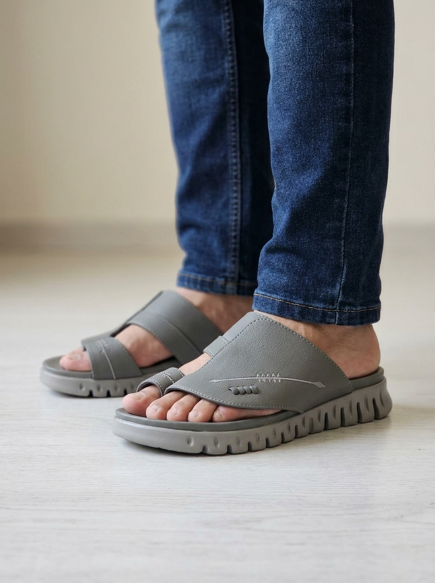 Men's Grey Arabic Toe-Loop Leather Slide Sandals - Chunky Sole Comfort Slippers