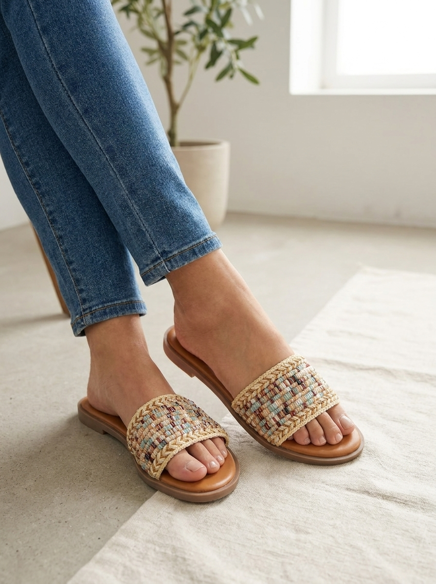 Women's Woven Raffia Flat Slide Sandals - Boho Pattern Open Toe Beach Shoes