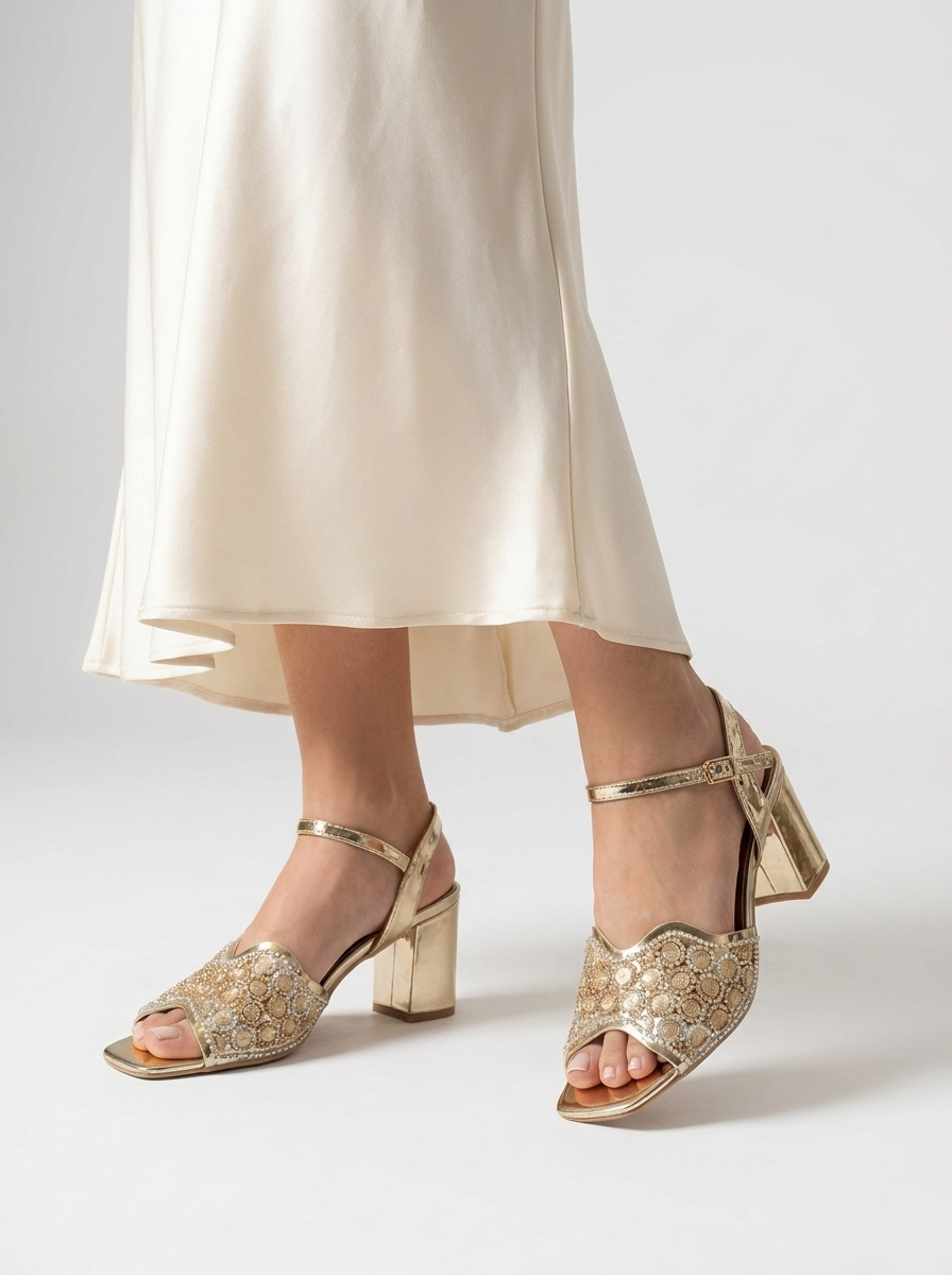 Women's Gold Embellished Block Heel Sandals - Beaded Ankle Strap Party Heels
