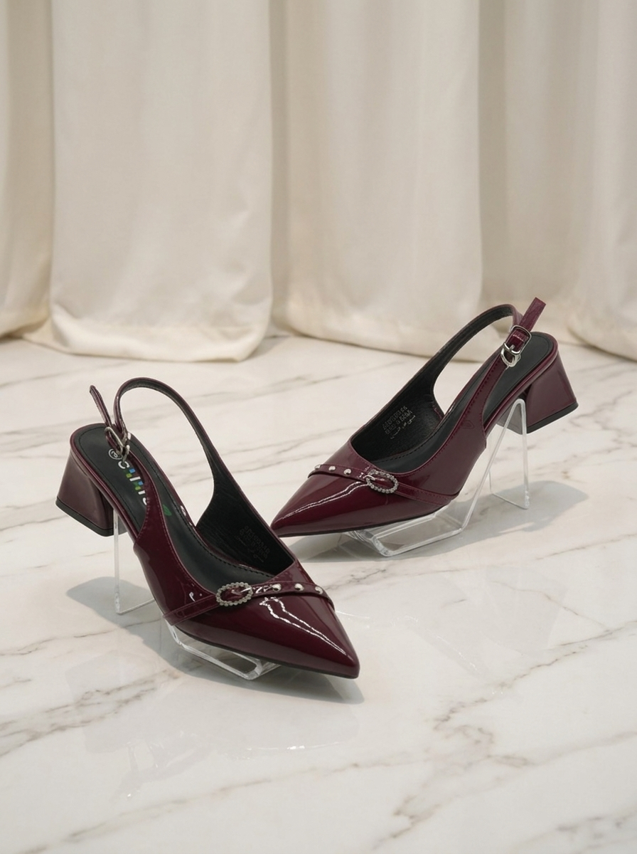 Women's Maroon Patent Pointed-Toe Slingback Heels - Rhinestone Buckle Block Heel Pumps